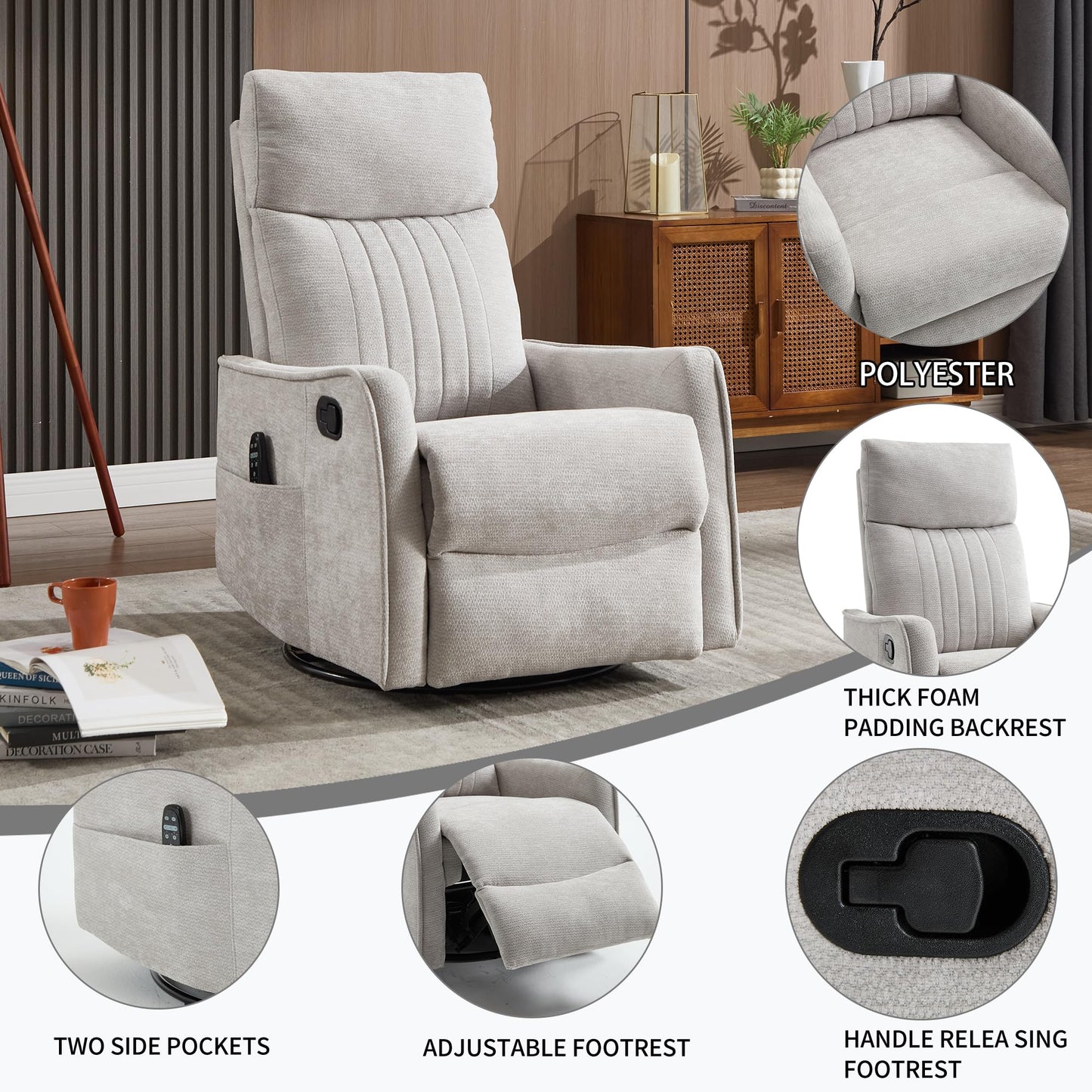 KEIKI 4-in-1 Manual Swivel Rocker Recliner Chair for Living Room, Chenille Nursery Glider Rocking Chairs with Back Massager & Heat, Comfortable Reading Chair Modern Bedroom Furniture, Light Grey