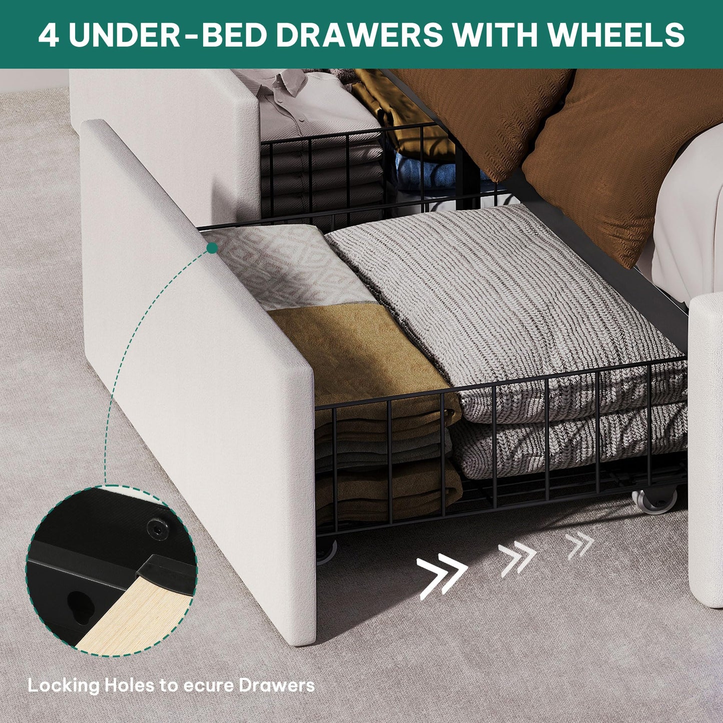 YITAHOME Queen Size Bed Frame with 4 Storage Drawers and RGB LED Lights, 57'' Tall Headboard Velvet Upholstered Bed with Charging Station, No Box Spring Needed, Easy Assembly, Noise-Free, White
