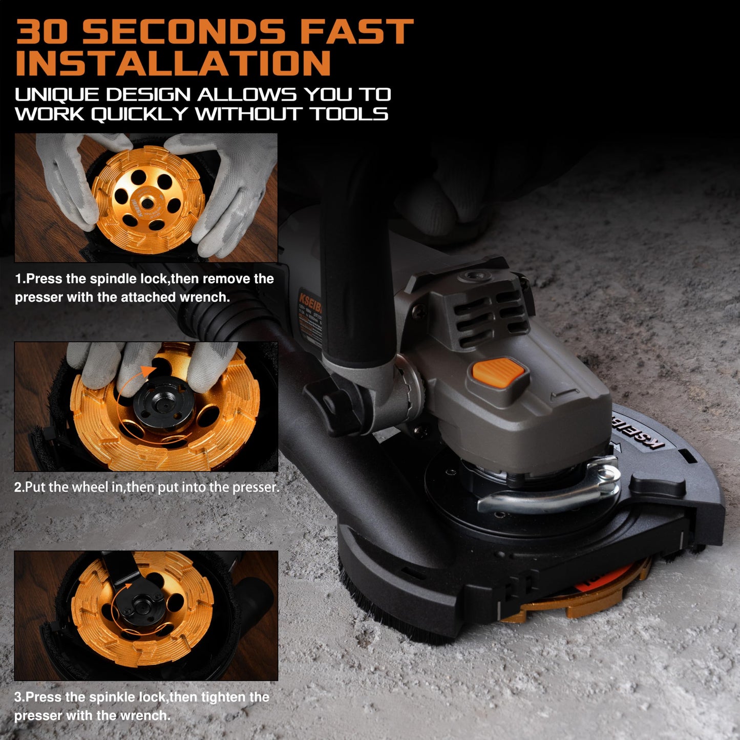 KSEIBI 5-Inch Concrete Angle Grinder, 11.5A 1400W Corded Surface Grinder Kit with Dust Shroud & Diamond Cup Wheel, 8500 RPM Pure-Copper Motor for Cutting Grinding Metal Concrete Brick Tile