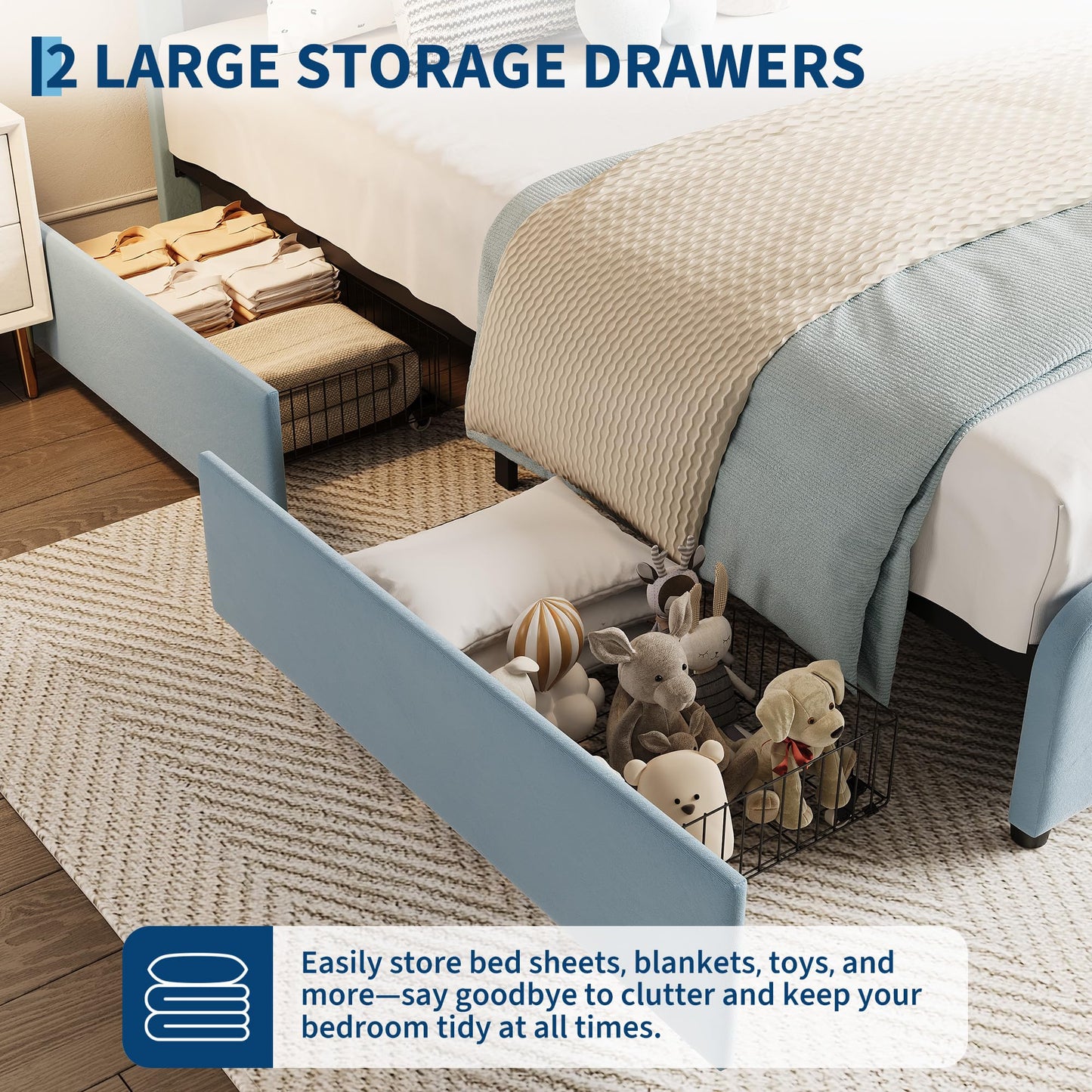 GarveeHome Full LED Bed Frame, Kids Platform Bed with 2 Large Storage Drawers, Velvet Upholstered Princess Bed for Girls & Boys, Wooden Slats Support, No Box Spring Needed, Easy Assembly, Blue