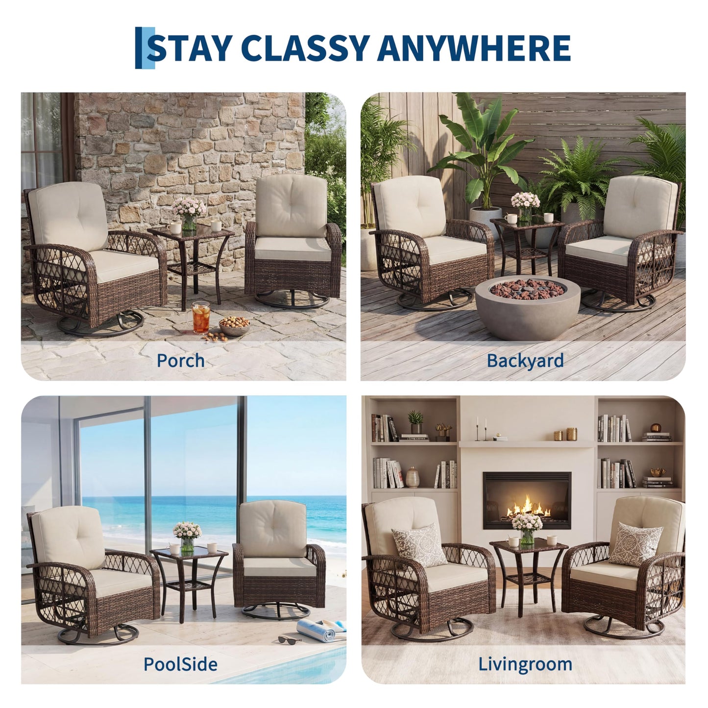 GarveeLife 3 Piece Swivel Wicker Patio Furniture Set, Outdoor Rattan Swivel Chairs with Side Table, All-Weather Conversation Set for Patio, Deck or Backyard, Brown Gradient Wicker with Beige Cushions