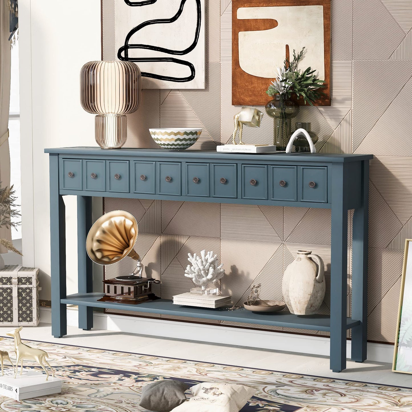 Merax Wood Narrow Console Table for Entryway Hallway Front Door SideTable with Drawers and Bottom Shelf Navy