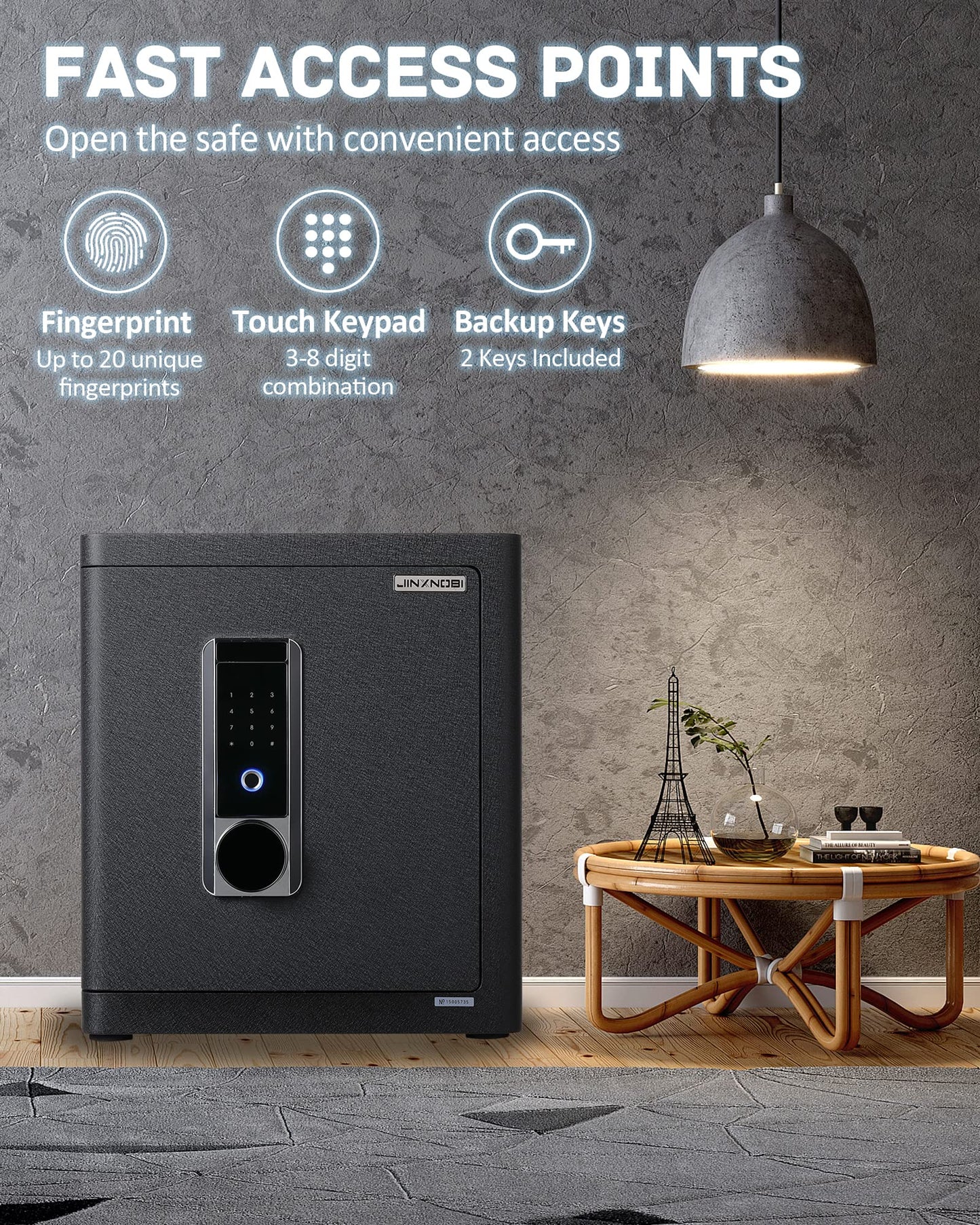 JINXNOBI Deluxe Biometric Safe with Fireproof Waterproof Bag,2.25 Cubic Feet Safe Box with Fingerprint Access,Security Lock for Home Office Hotel, 66lbs