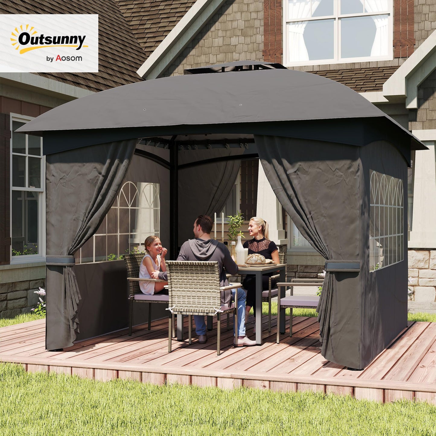 Outsunny 11' x 11' Outdoor Gazebo, Arc Patio Gazebo Canopy Shelter, UV Protected, with Curtains, Church Windows, Double Roof, Galvanized Steel Frame for Lawn, Backyard and Deck, Dark Gray