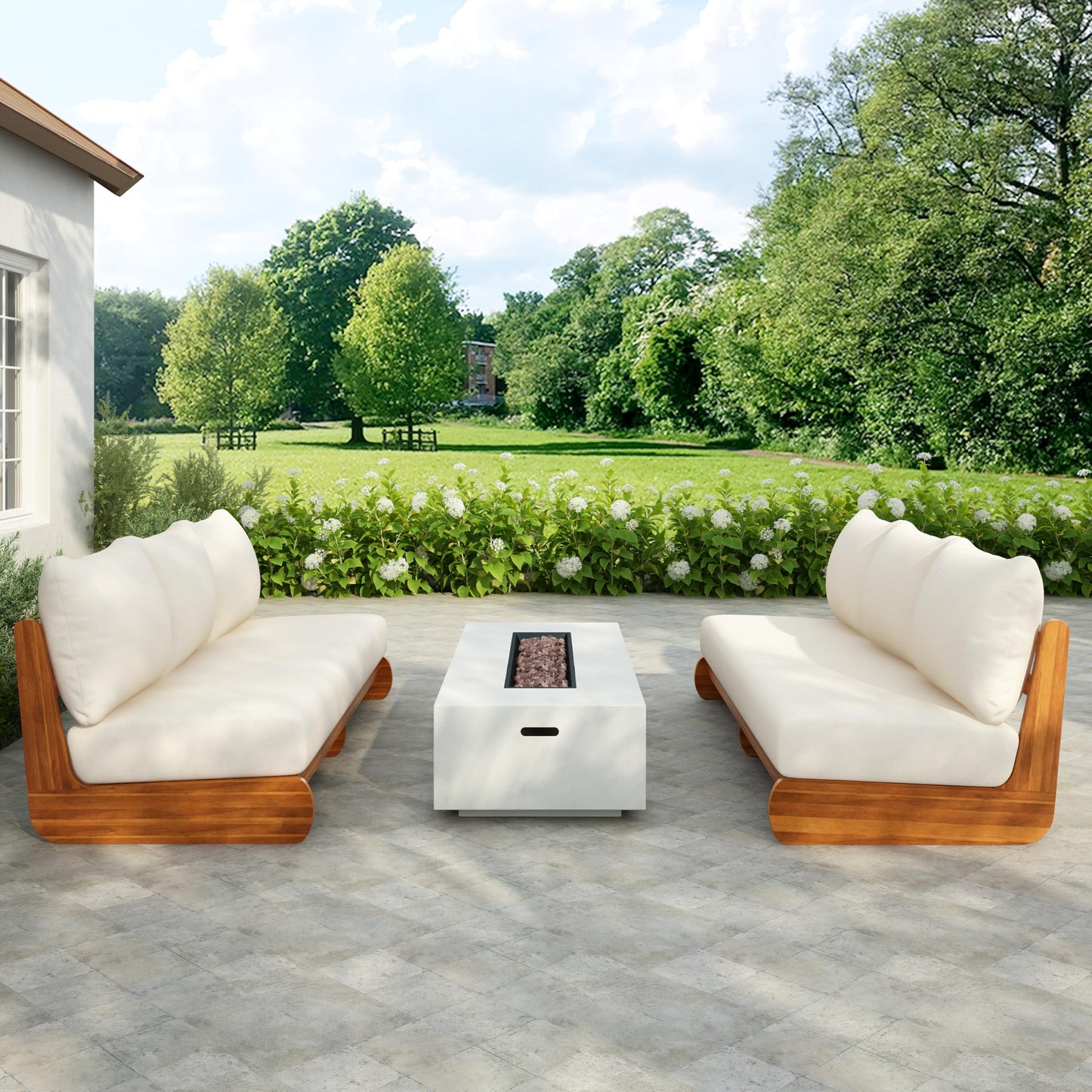 Christopher Knight Home Poppy 2 Piece Patio Conversation Set with Cushion, Acacia Wood 6 Seater Outdoor Sofa Chat Set, Outdoor Sectional Sofa Set of 2 for Patio Furniture Set, Teak+Beige