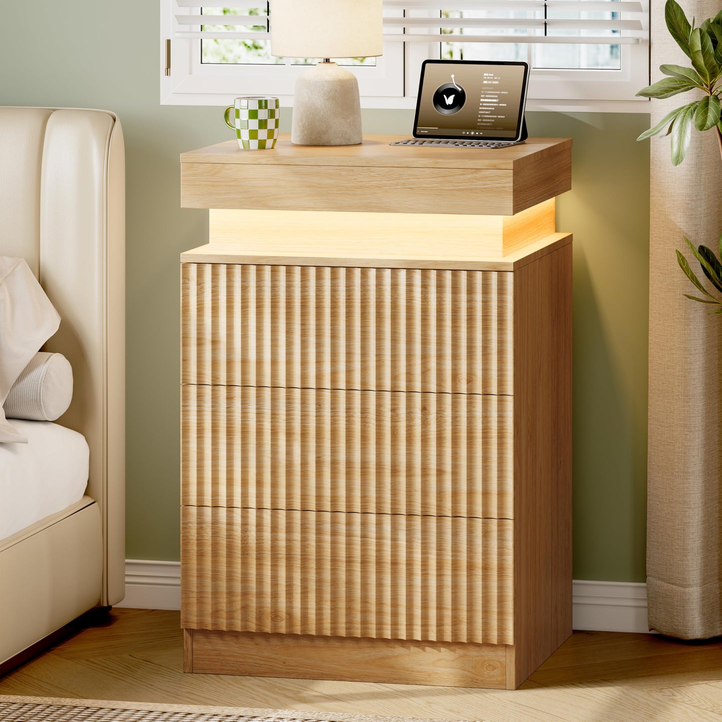 Xixini Fluted Nightstand Set of 2 with Charging Station and LED Lights, Modern Bedside Table with Sliding Top, 3-Drawer Wooden End Table for Bedroom and Living Room, Oak