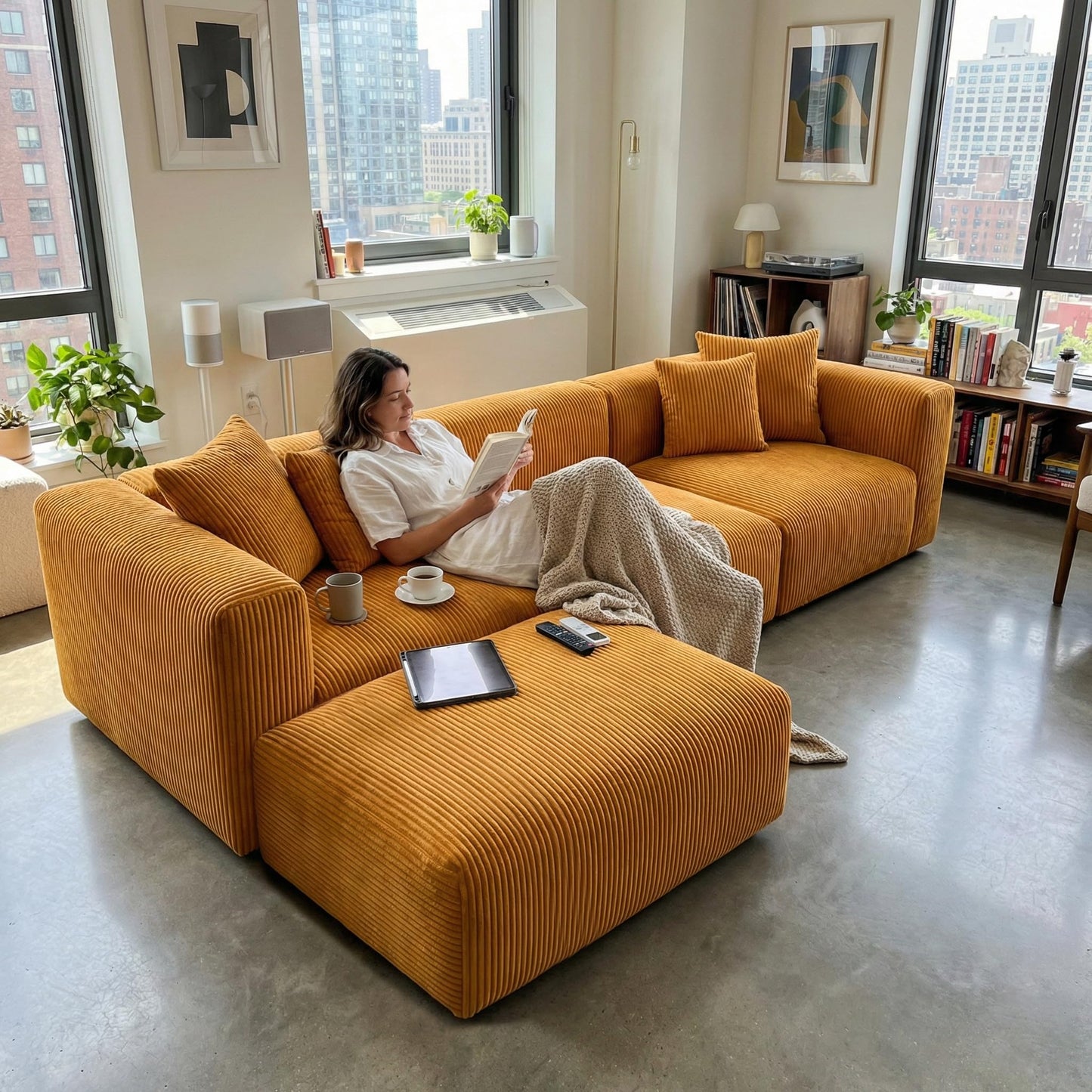 Acanva Convertible Modular Sectional Sofa with Movable Ottomans, Free Combination Corduroy Couch for Living Room Apartments, L-Shaped, Yellow