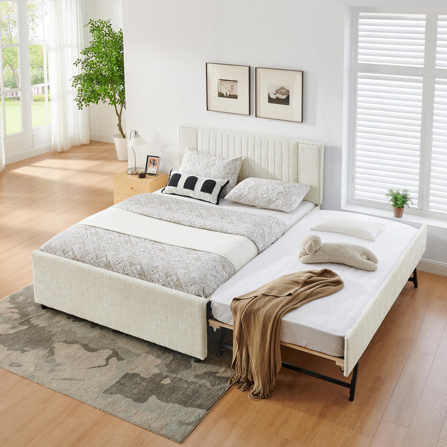 KEIKI Queen Size Upholstery Platform Bed Frame with Pull-Out Trundle & 2 Drawers, Extendable Chenille Bed with Vertical Channel Tufted Headboard & Nailhead Trim, Easy Assembly, for Bedroom, Beige