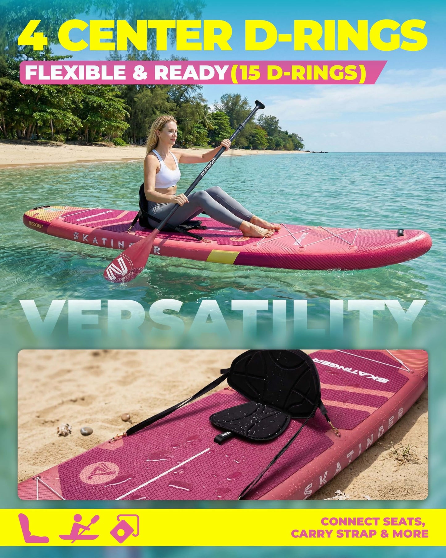 Skatinger 11'6×35" Super Wide Inflatable Paddle Board, Ultra Stable Stand Up Paddleboards for 450lb/3 People/Family/Big Size w/Shoulder Strap, 100L Backpack, All-Round Sup Board, US Fin