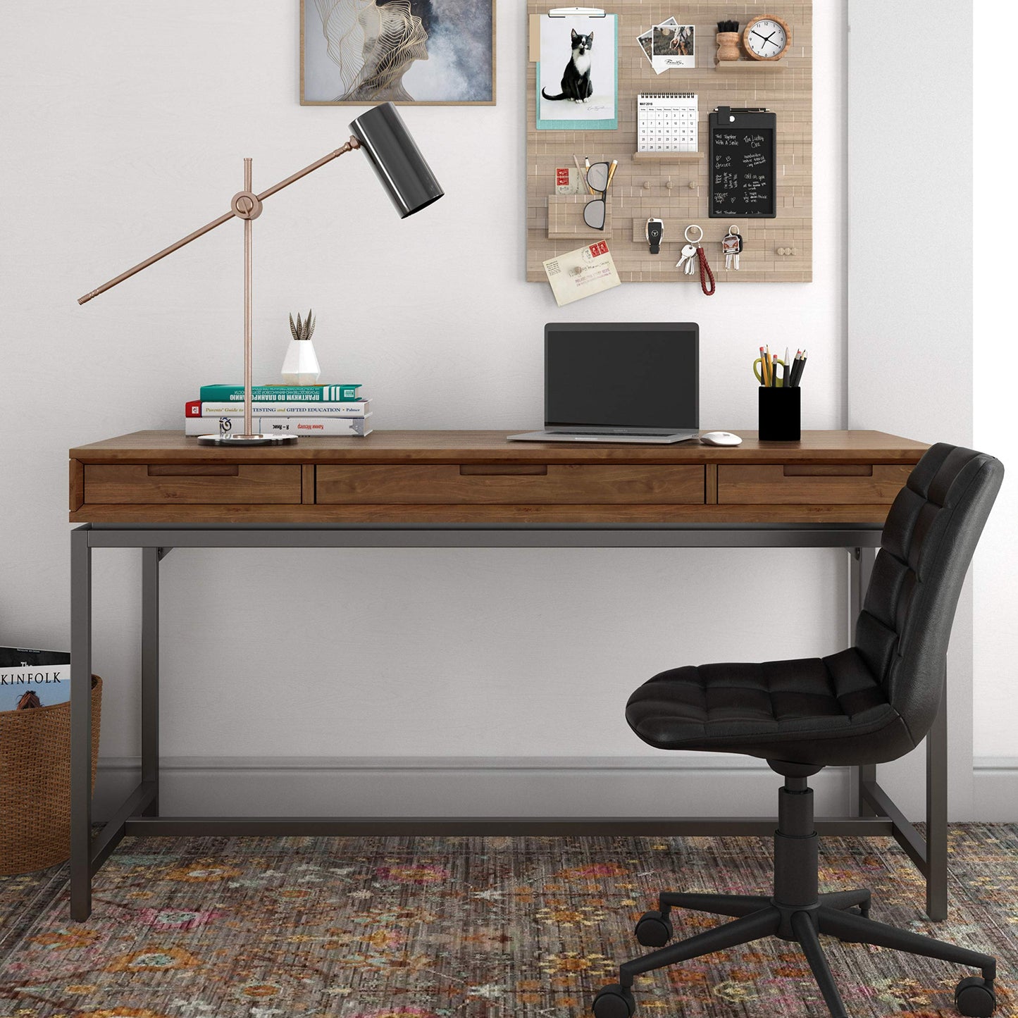 SIMPLIHOME Banting Desk - 60 Inch Wide Solid Wood and Metal Writing Desk in Medium Saddle Brown, Modern Industrial Home Office Computer Table for Study with 2 Drawers and Flip-Down Keyboard Tray