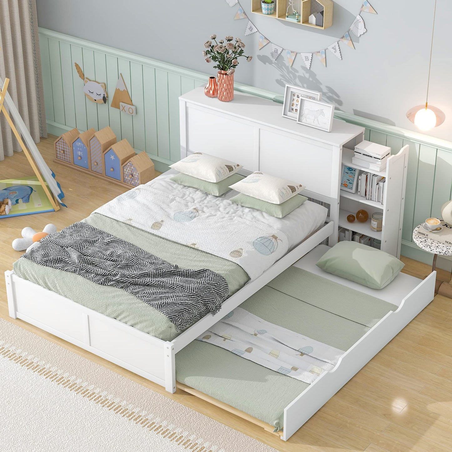 Merax Full Size Storage Platform Bed with Pull Out Shelves and Twin Size Trundle, Wooden Bed Frame with Storage Headboard for Bedroom, No Box Spring Needed