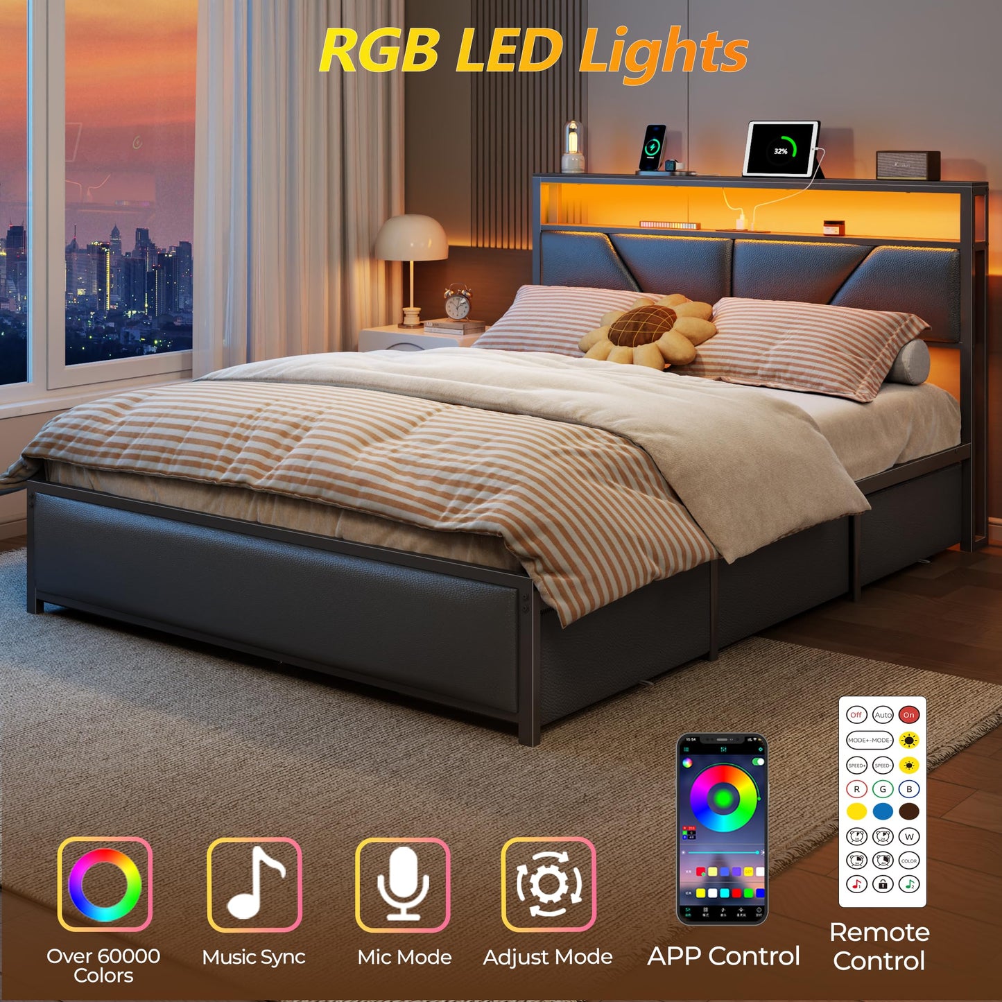 OURPIC Queen Bed Frame, 2-Tier Storage Headboard & 6 Fabric Drawers, PU Leather Upholstered Queen Size Platform Bed with Charging Station and LED Lights, No Box Spring Needed, Noise Free