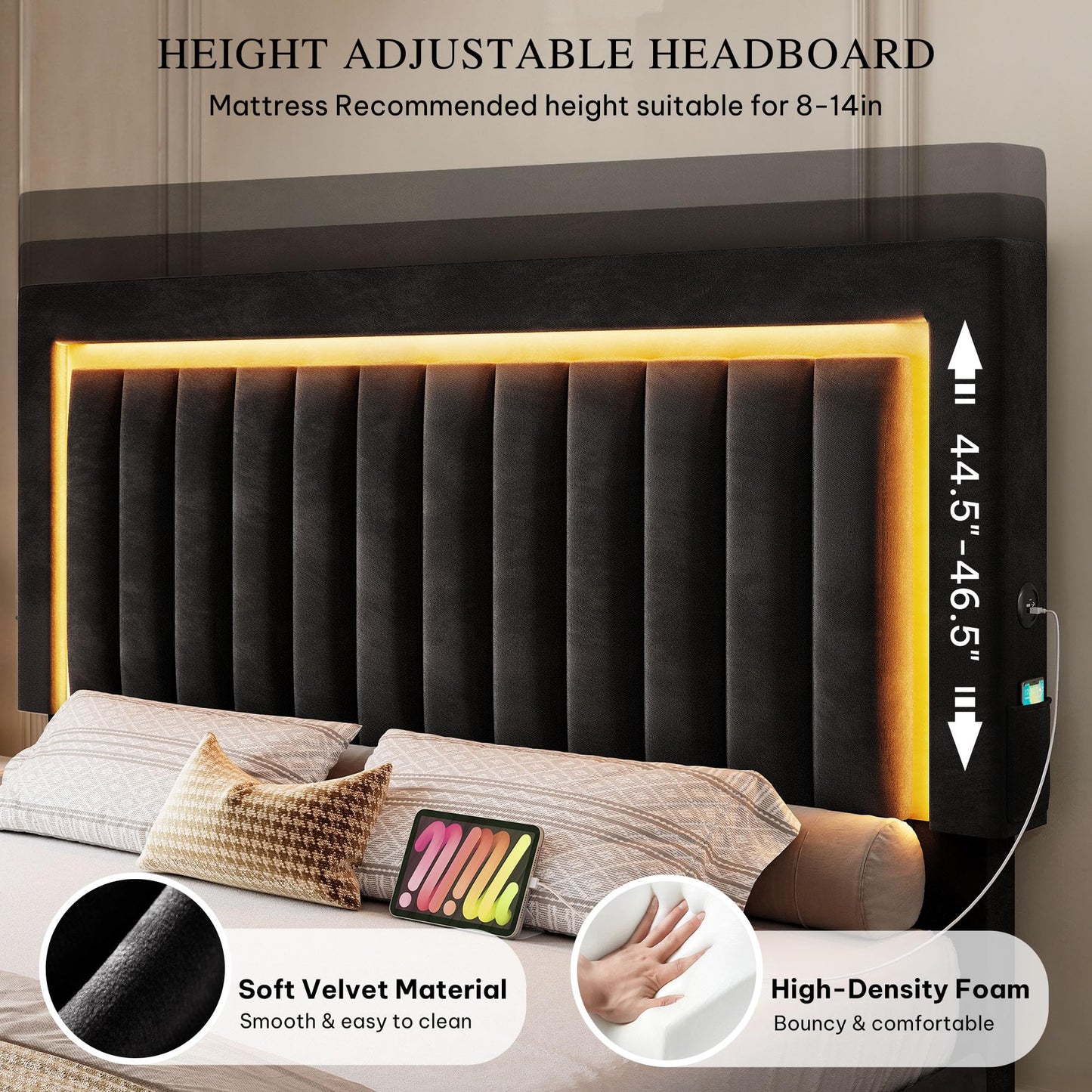 YITAHOME Queen Size Bed Frame with Adjustable Headboard, 4 Storage Drawers and RGB LED Lights, Velvet Upholstered Platform Bed with USB Ports, No Box Spring Needed, Fast Assembly, Noise-Free, Black