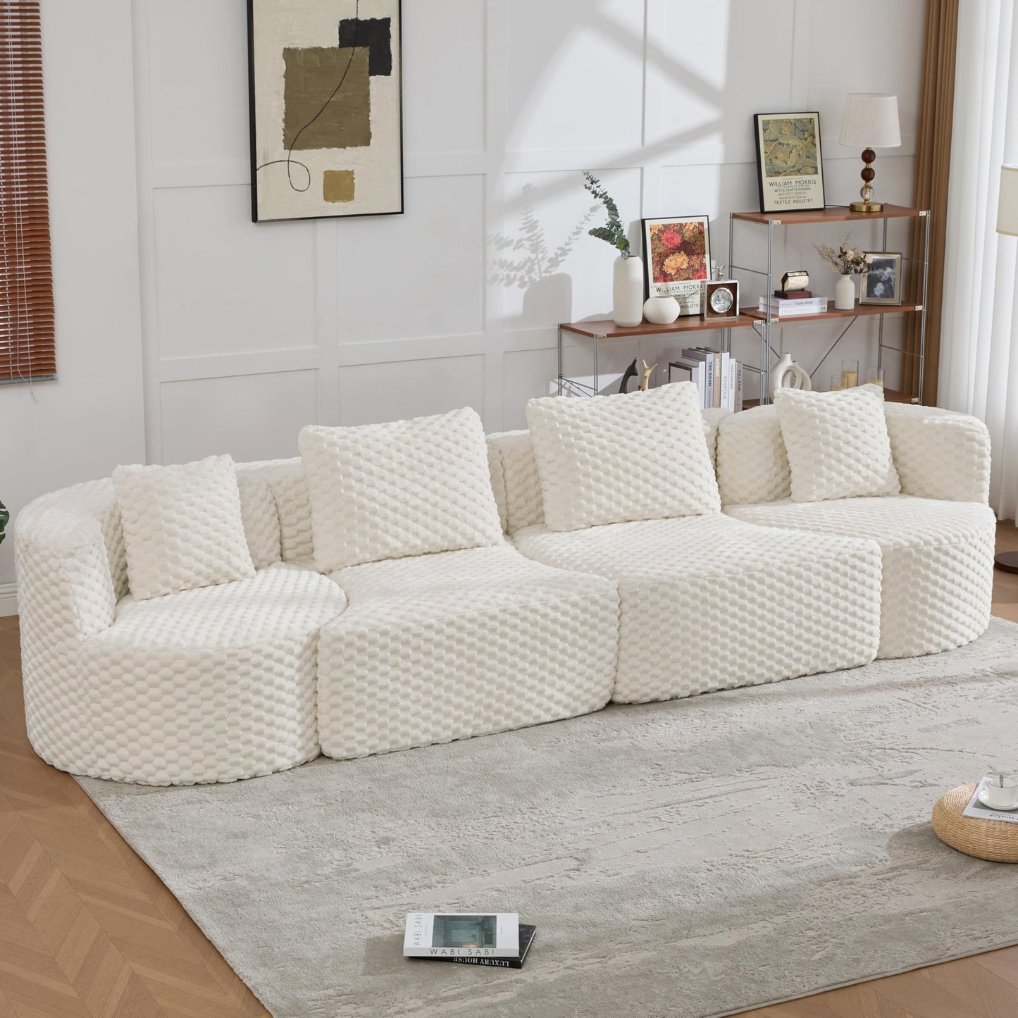 Merax 138" Curved Modular Sectional Sofa Set, Compressed 4 Seat Bubble-Velvet Boneless Sectional Couch Sofa with Deep Seat & Pillow, Comfy Cloud Soft Couches for Living Room, Easy Assembly, White