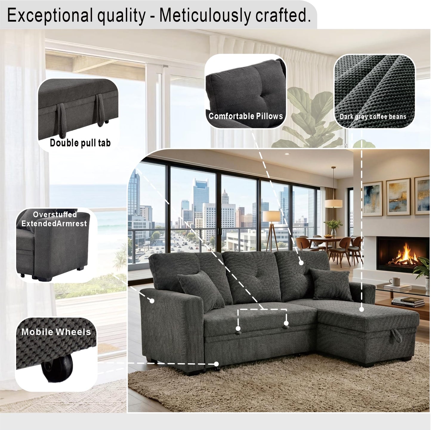 Eafurn 71" L Shaped Sectional Sleeper Sofa Bed with Pull Out Bed, Comfy Fabric Corner Sleeper Sectional Pull Out Couch with Tufted Backrest/Reversible Storage Chaise/2 Pillows