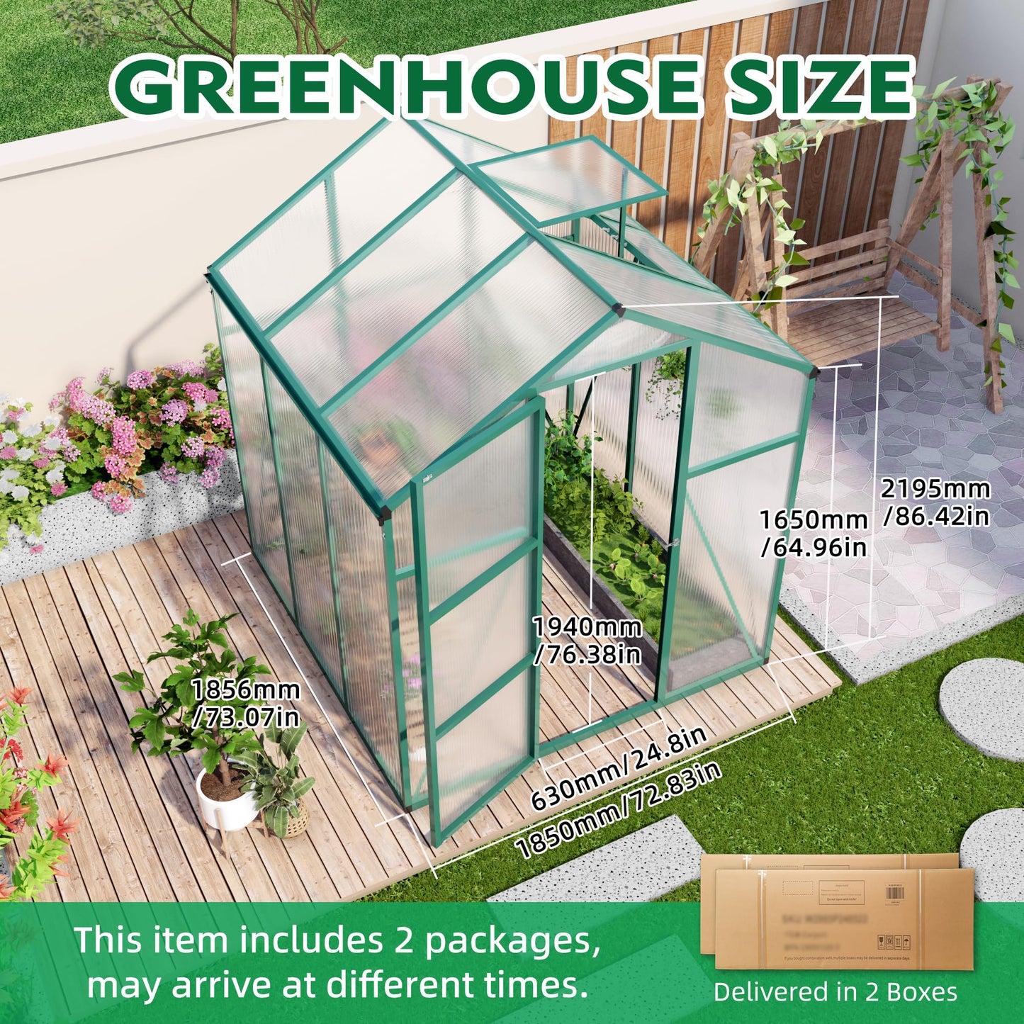 YOPTO 6x6 FT Greenhouse,Outdoor Greenhouse W/ Roof Vent,Walk-in Aluminum Polycarbonate Green Houses W/ Drainage System & Ground Nails,for Outside Garden,Backyard,Patio,Lawn,Green
