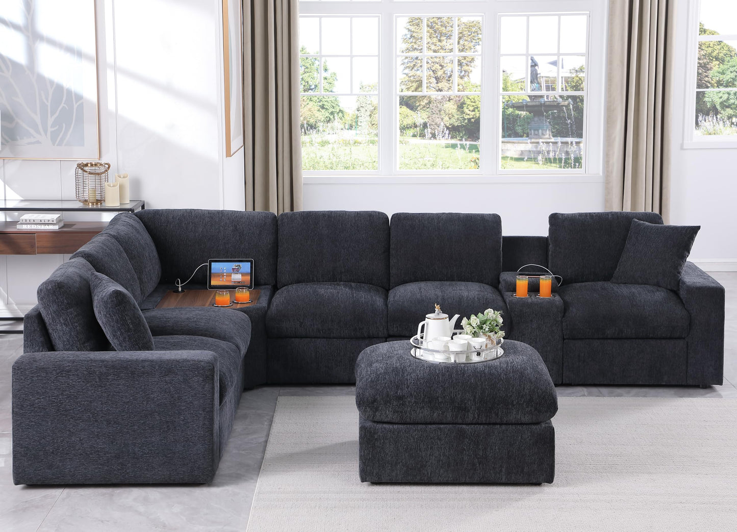 Ball & Cast 127" Oversized Modular L-Shaped Sectional Sofa,Large Chenille Upholstered Couch 7 Seat with Ottoman,Cup Holders&USB Ports,Comfty Sectionals W/Pillows&Storage Box,for Living Room,Dark Gray