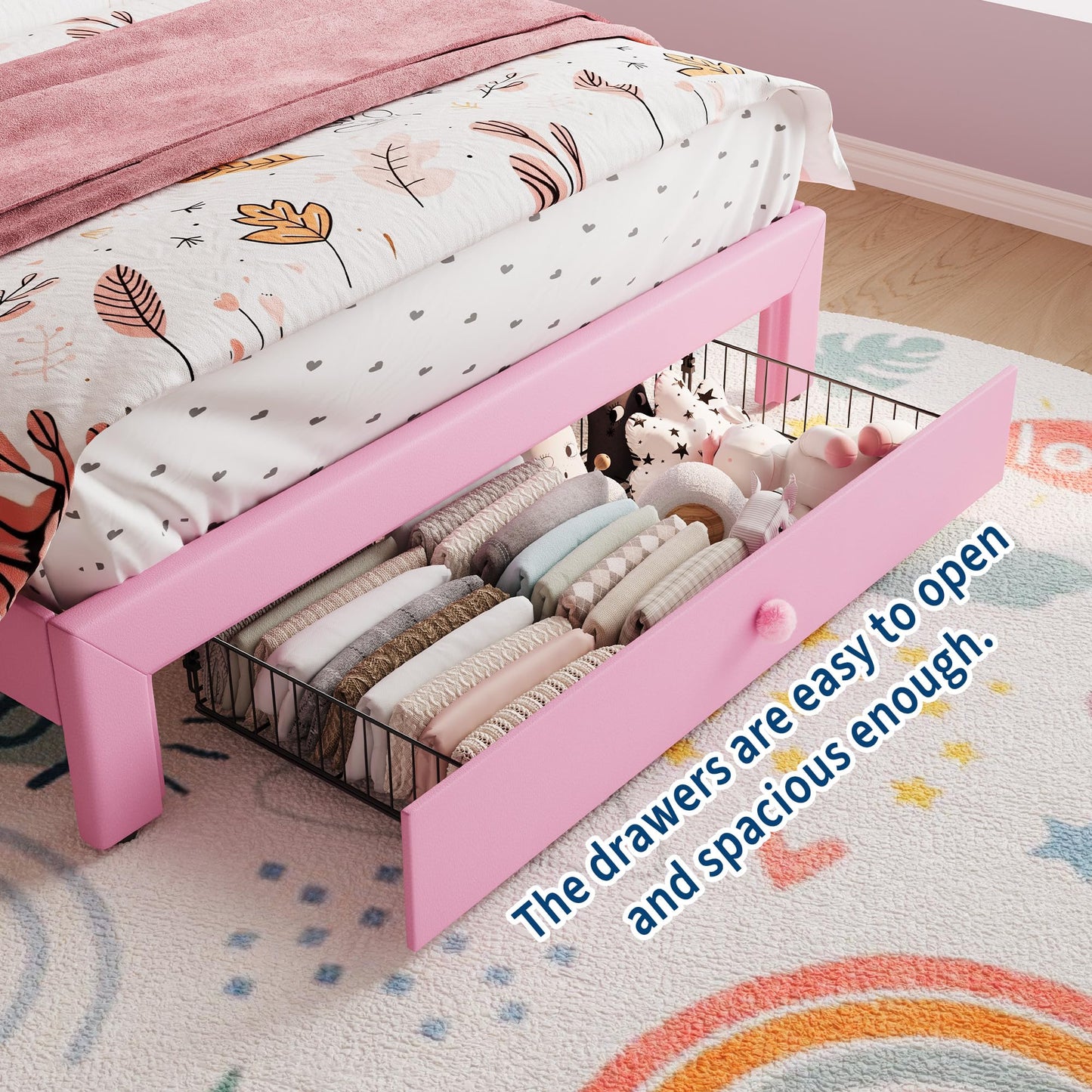 Garvee Twin XL Size Bed Frame with LED Lights & Velvet Crystal Button Headboard, Upholstered Boy Platform Bed with Storage Drawer, Noise Free, No Box Spring Needed for Kids, Teens, Pink