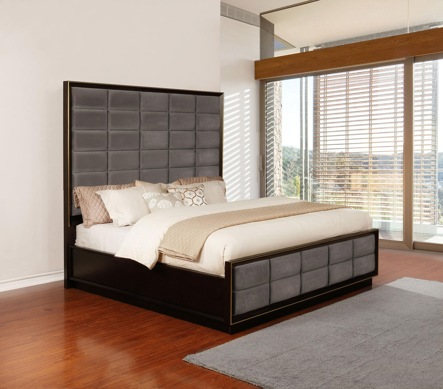 Pemberly Row Eastern King Upholstered Bed, Smoked Peppercorn Finish, Wood and Fabric Construction, Gray Upholstery, Vaulted Headboard, 80" H x 81" W x 86" D, Sturdy Modern Bedroom Furniture