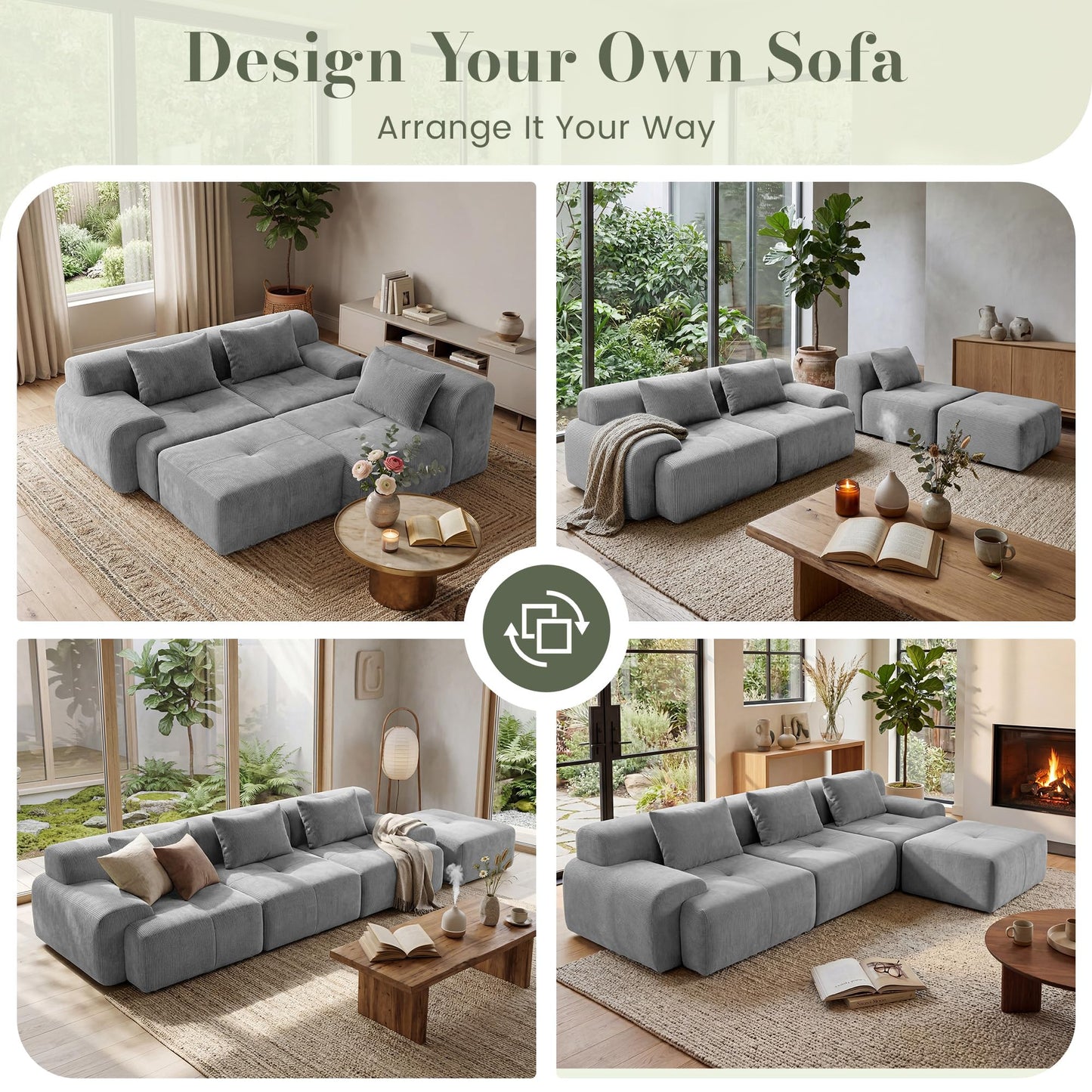 GRUSIGN 108'' Modular Sectional Boneless Couch, Tufted Cloud Sectional Couches for Living Room, L Shape Deep Seat Sofa with Ottoman & 3 Throw Pillows,Corduroy Oversized Couch,Light Grey
