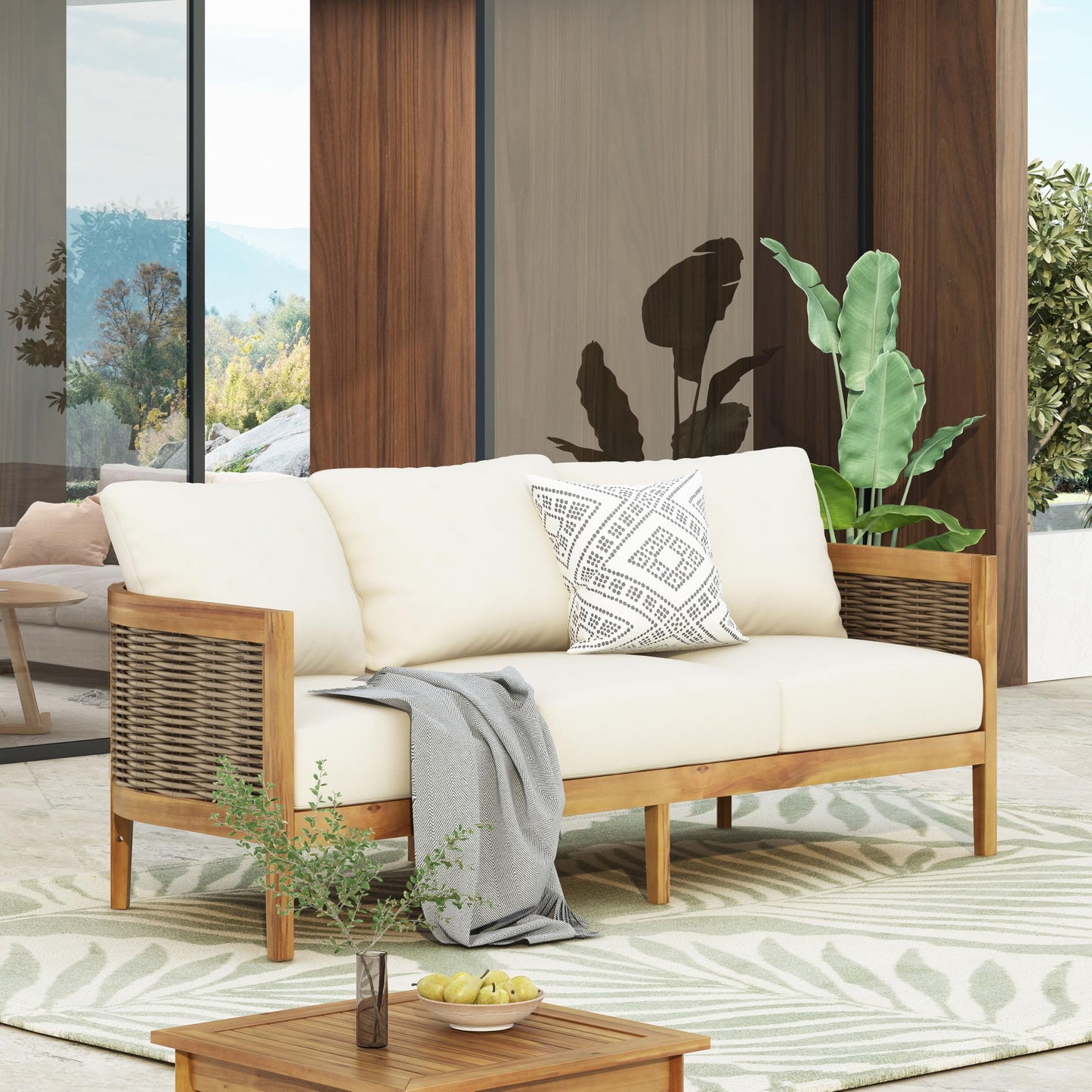 Merax 76.5" Outdoor Acacia Wood Wicker 3 Seater Sofa, Patio Furniture Couch for Backyard