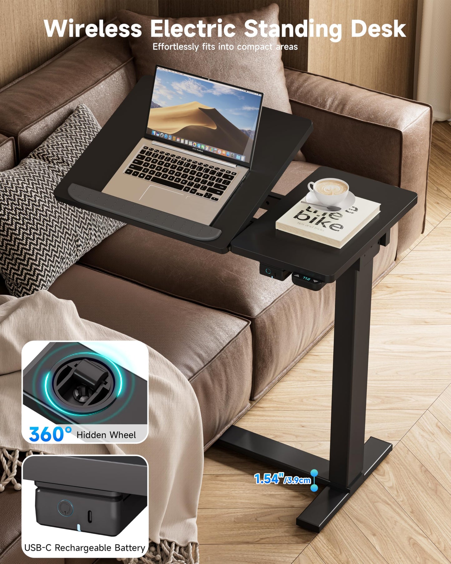 BIZUM Small Electric Standing Desk, Overbed Table Wireless Tilt Top with Hidden Wheels, 27.6×15.8 Inch Adjustable Rolling Laptop Desk, USB-C Rechargeable Battery, Black