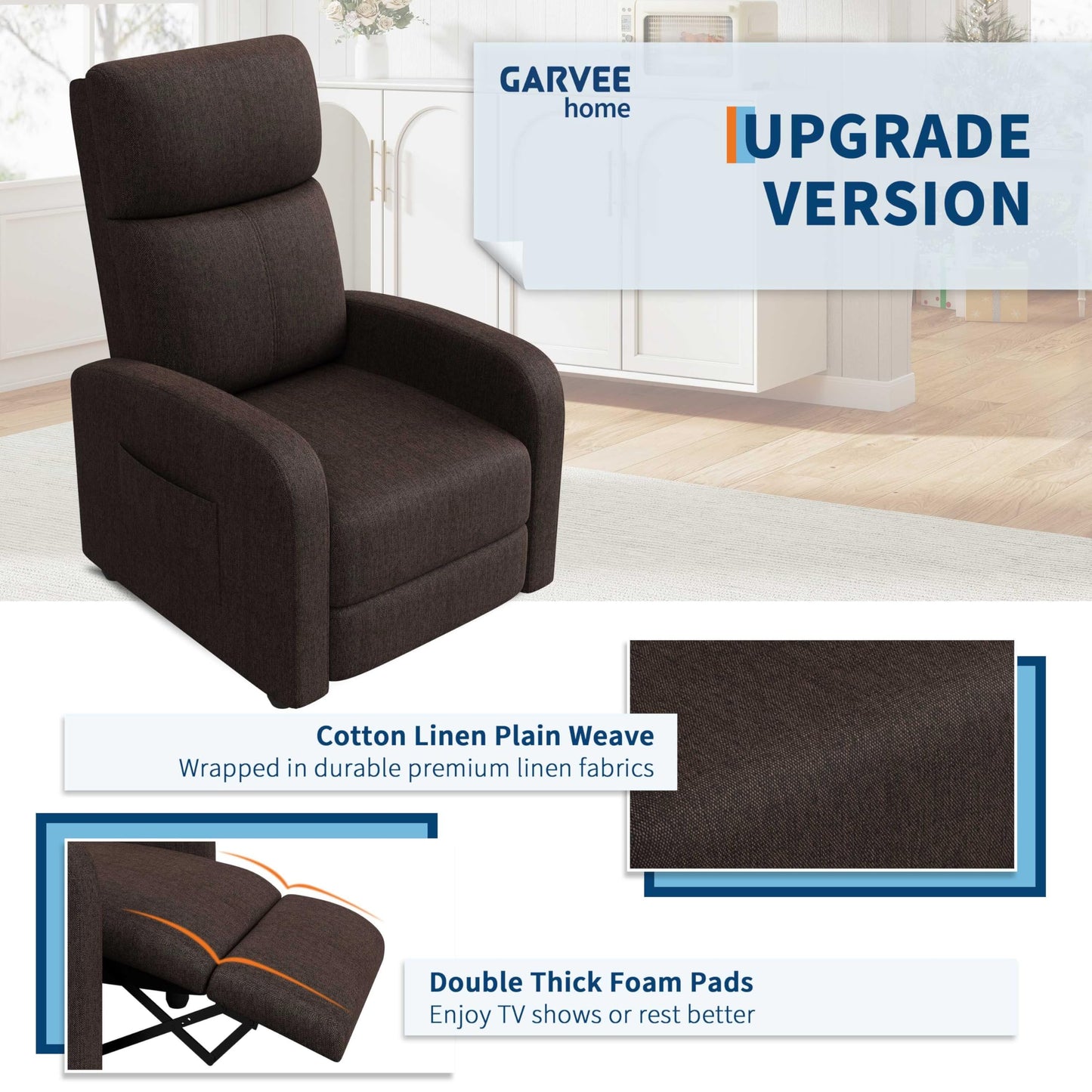 Garvee Recliner Chair for Adults Set of 2 PU Leather Lazy Recliner Ergonomic Adjustable Single Sofa Enhanced with Side Pocket, Tall Back, Wide Arms & Padded Seat, Home Theater Seating for Living Room