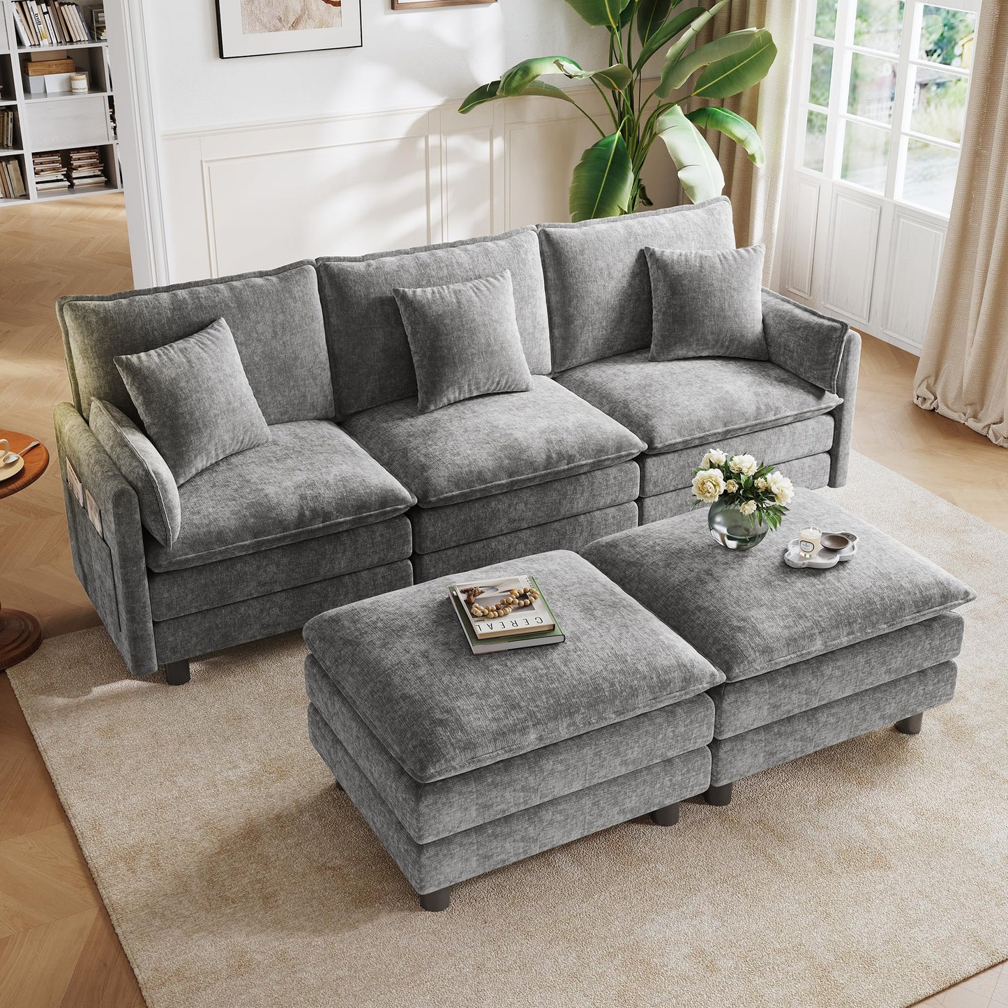 LINSY HOME 98'' Modular Sectional Sofa 3 Seat Couch Chenille Cloud Couch with Deep Seat, U Shaped Couch with 2 Movable Ottoman for Living Room, Office, Bedroom, Grey(Pillows Included)