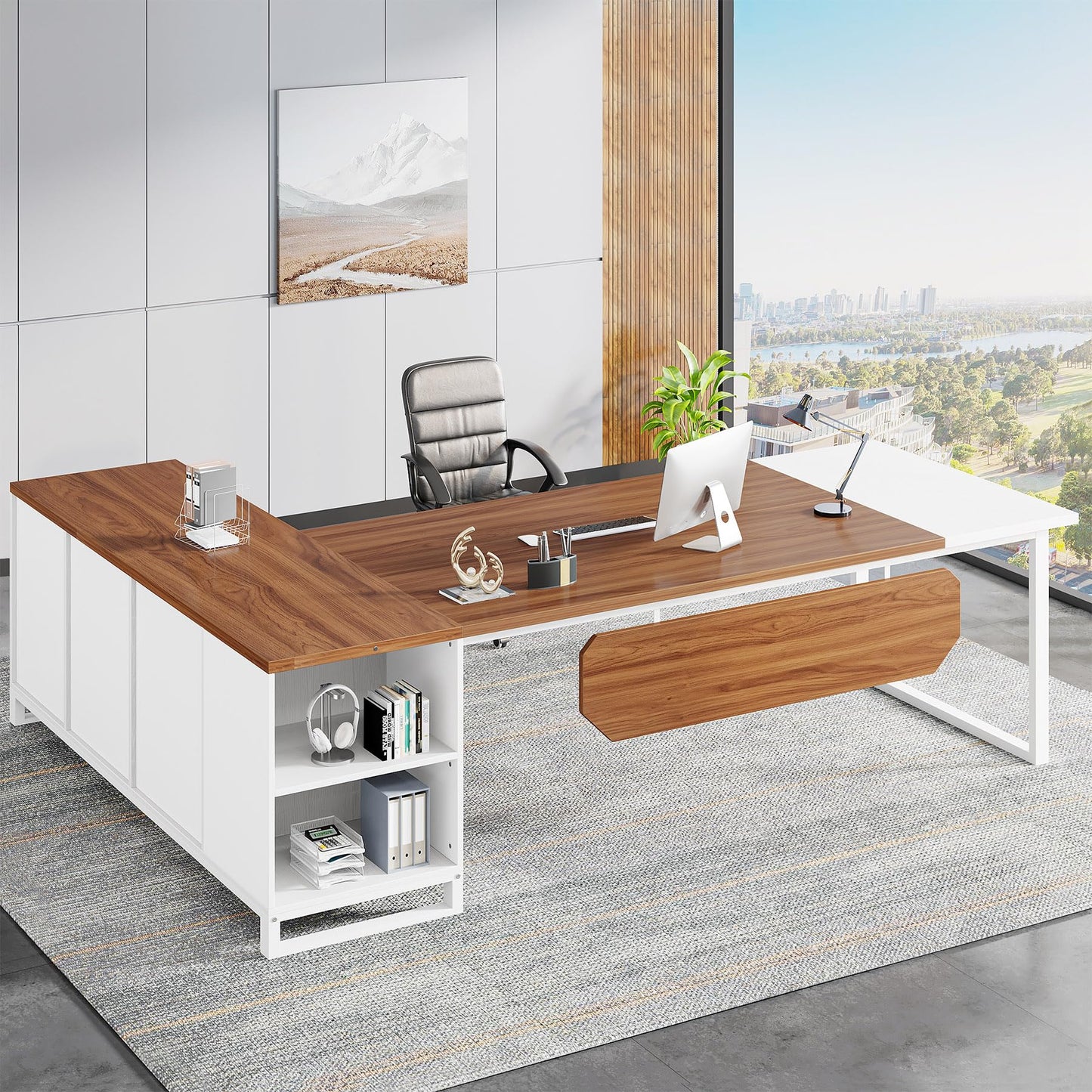Tribesigns 70.8" L-Shaped Executive Desk with 55" File Cabinet, Large Home Office Computer Desk with Storage Shelves and Cabinet, Modern Business Furniture Set Home Office, Walnut White