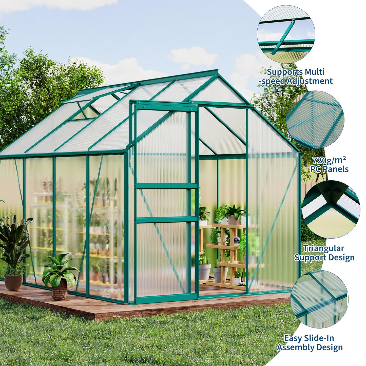 IDEALHOUSE 6 x 8FT Greenhouse for Outside, Polycarbonate Greenhouses with Aluminum Frame, Sliding Door, Adjustable Roof Vent for Backyard, Outdoor Green Houses Garden Backyard, Patio