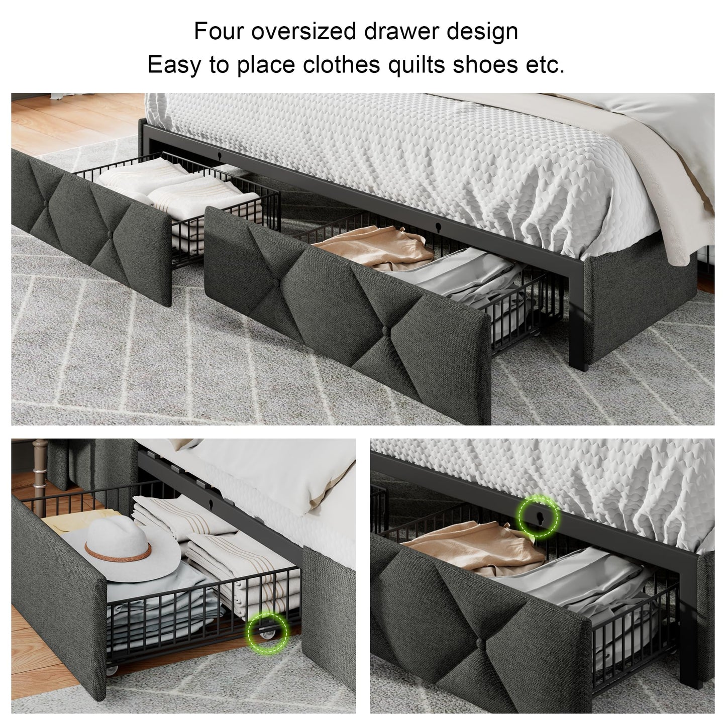 Feonase King Size Bed Frame with 4 Storage Drawers, Upholstered Platform Bed with Charging Station, Wingback Storage Headboard, Wooden Slats Support, No Box Spring Needed, Easy-Assembly, Dark Grey