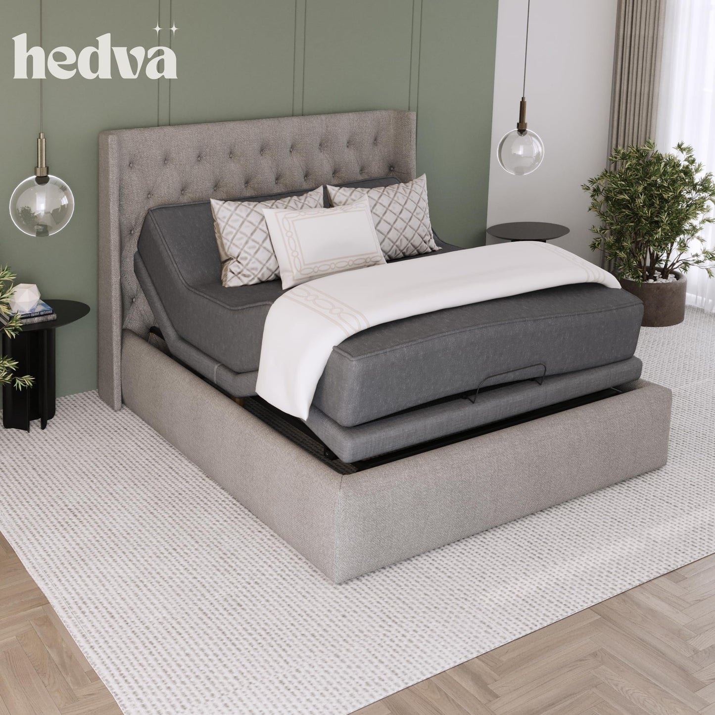 Hedva Queen Adjustable Bed Frame, Head & Foot Incline, Zero Gravity, Massage, Anti-Snore, 4 USB Ports, LED Under-Bed Light, Easy 5 Min Assembly, Wireless Remote (Black)