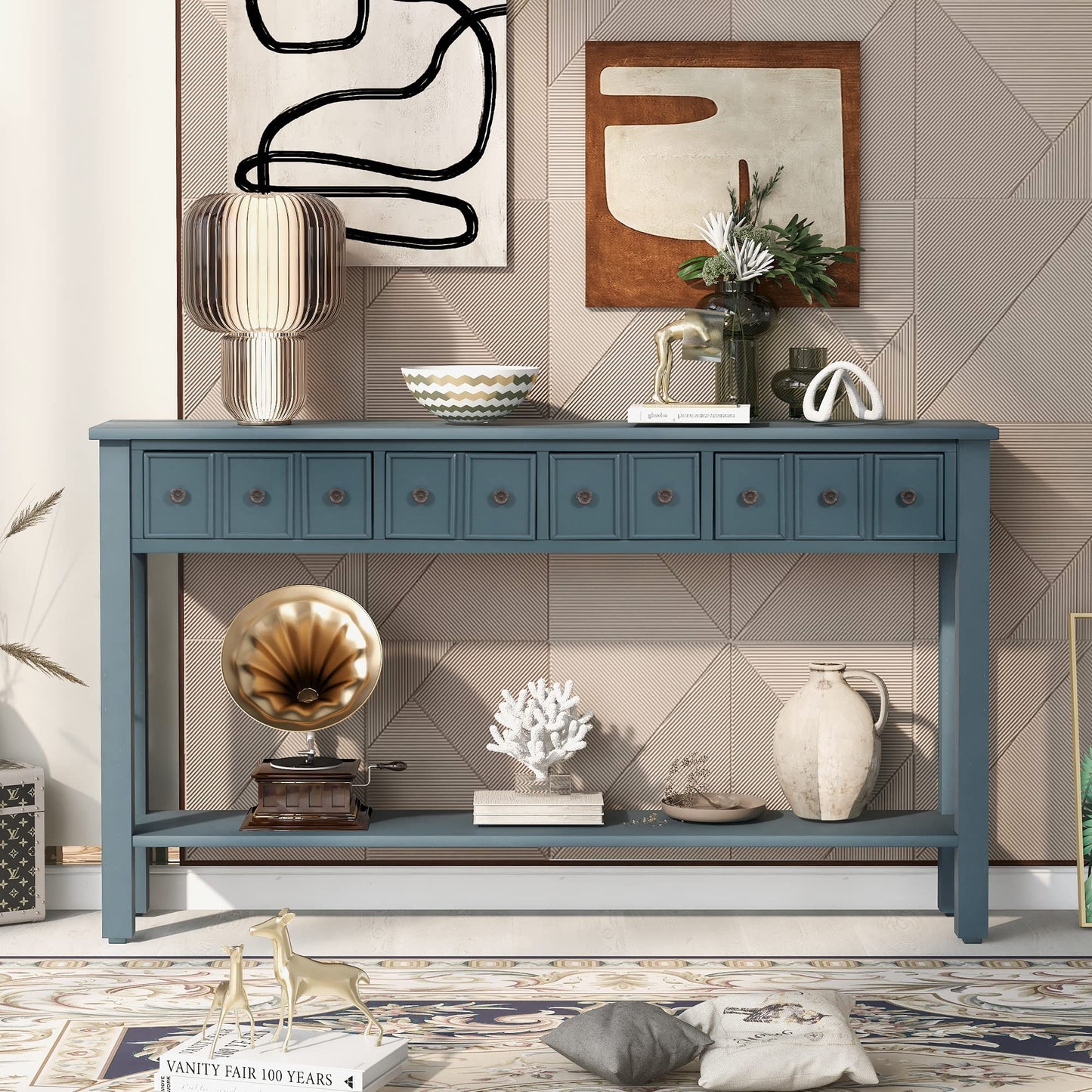Merax Wood Narrow Console Table for Entryway Hallway Front Door SideTable with Drawers and Bottom Shelf Navy