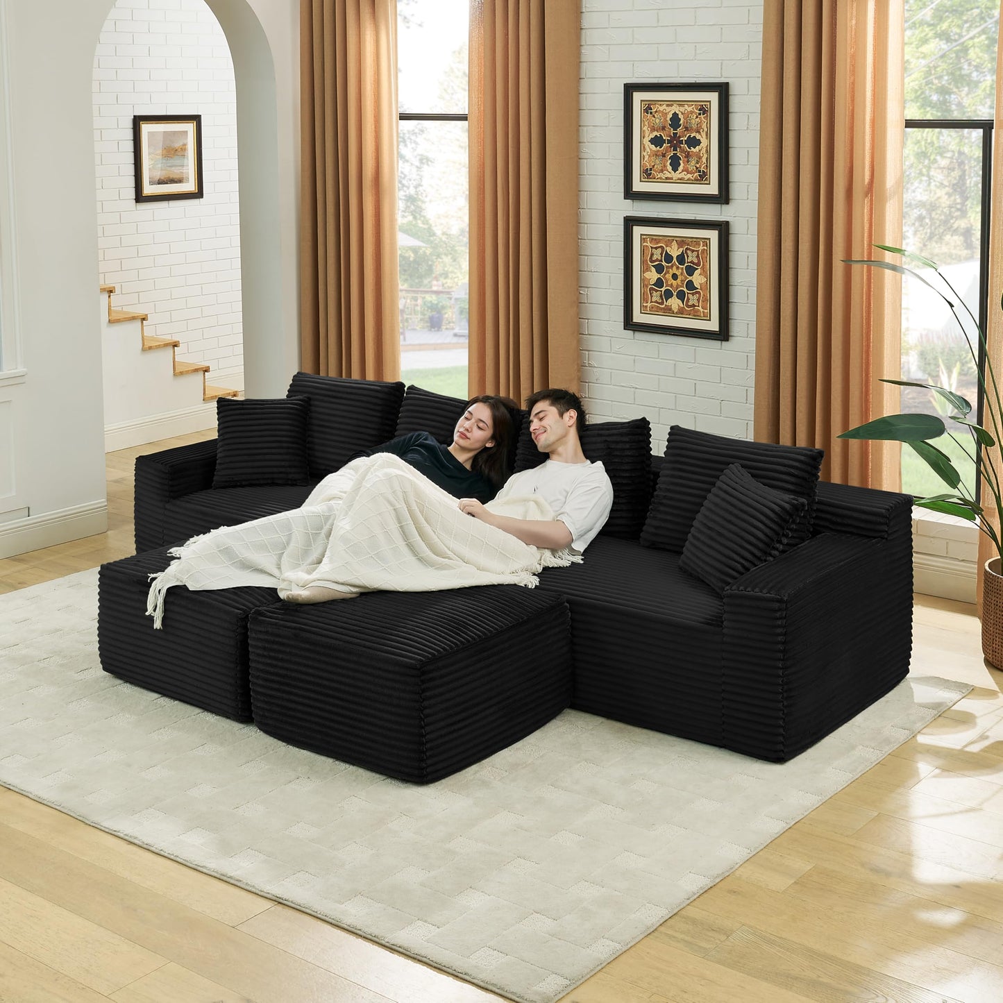 U-Shaped Compressed Modular Foam Sofas Symmetrical Boneless Cloud Sectional Couch with 2 Ottomans, Plush Corduroy Corner Sofa