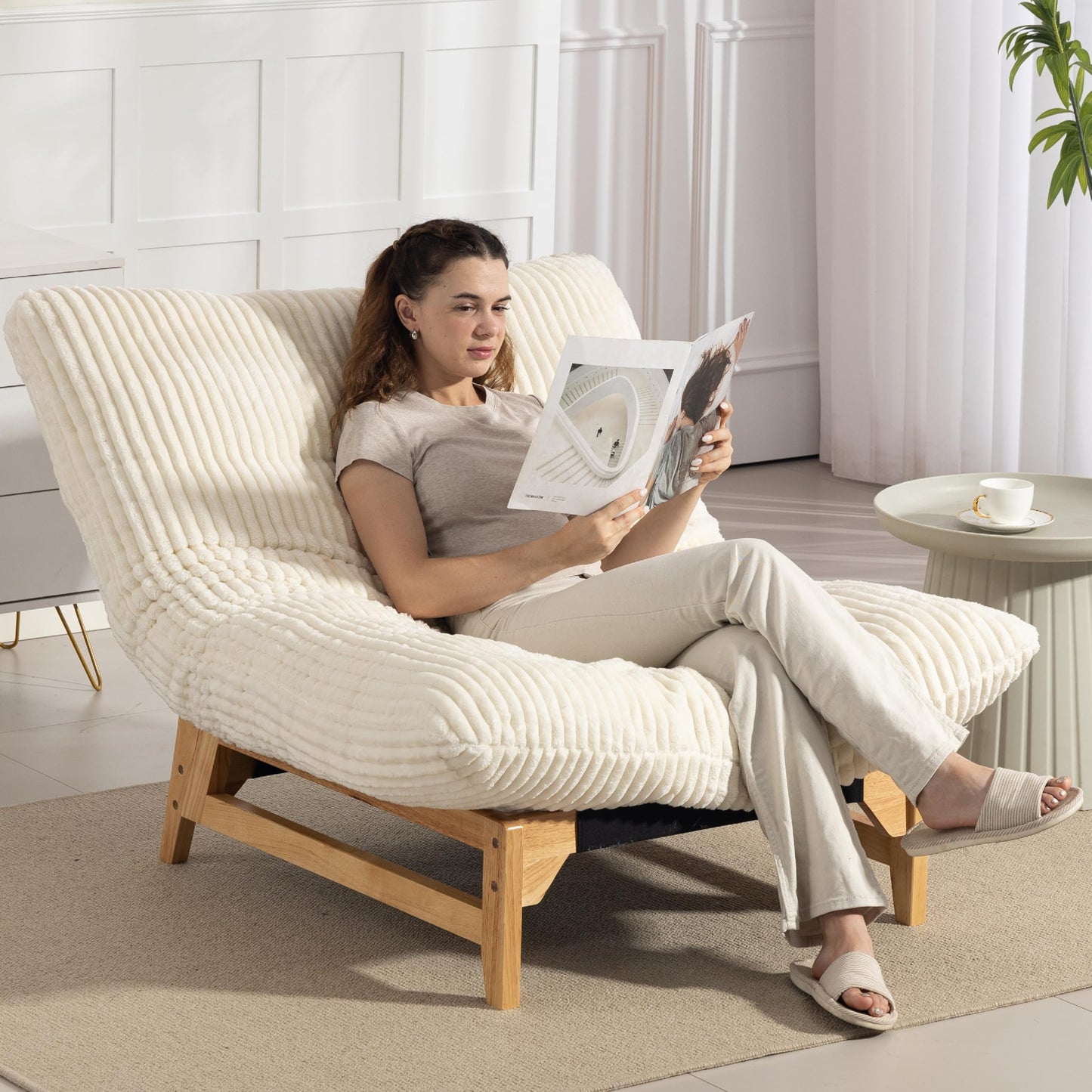 KEIKI Large Bean Bag Chair, Adults Kids Comfy Corduroy Small Couch with Wood Frame, Big Accent Beanbag Lounge Chairs Indoor, Lazy Cozy Floor Sofa Couches for Living Room Reading, Easy Assembly, Beige