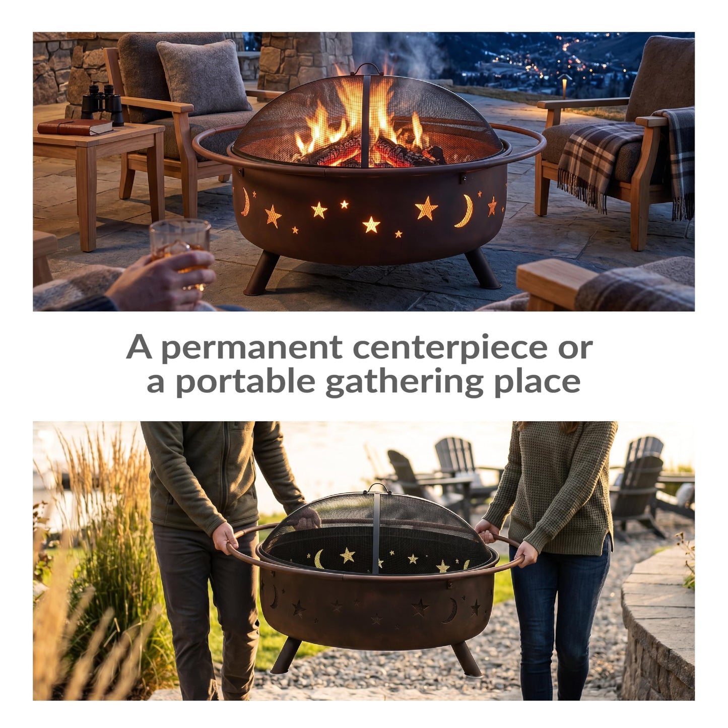 Sunnydaze Cosmic 42-Inch Large Outdoor Fire Pit - Wood-Burning Firepit for Outside Patio, Backyard, Deck - Steel - Wood Grate, Spark Screen, and Fireplace Poker Included - Bronze - 34” Bowl Diameter