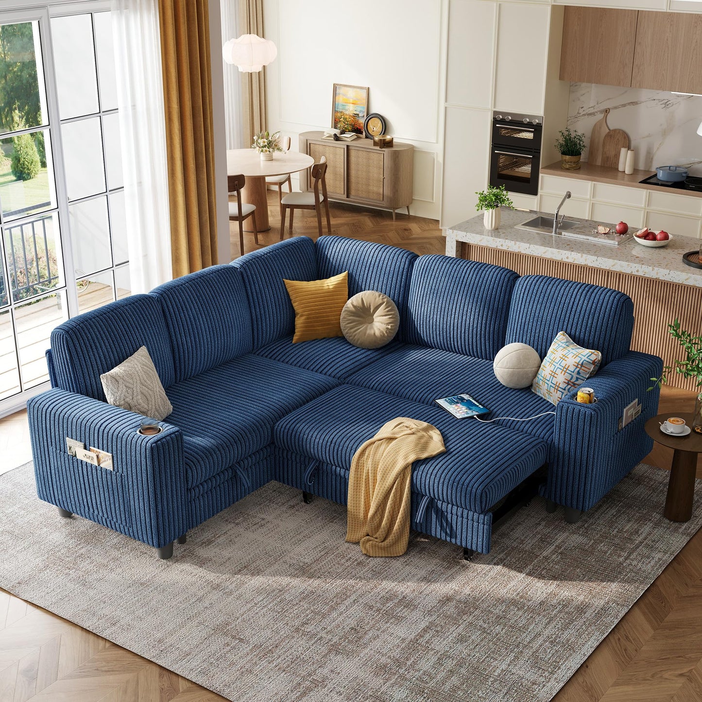 LINSY HOME Sleeper Sofa Bed with Pull Out Couch Modular Sectional Sofa (Blue, Sleeper Sofa 2) | Pull Out Sofa Bed, USB Charging, Cup Holders, Plush Corduroy, Storage