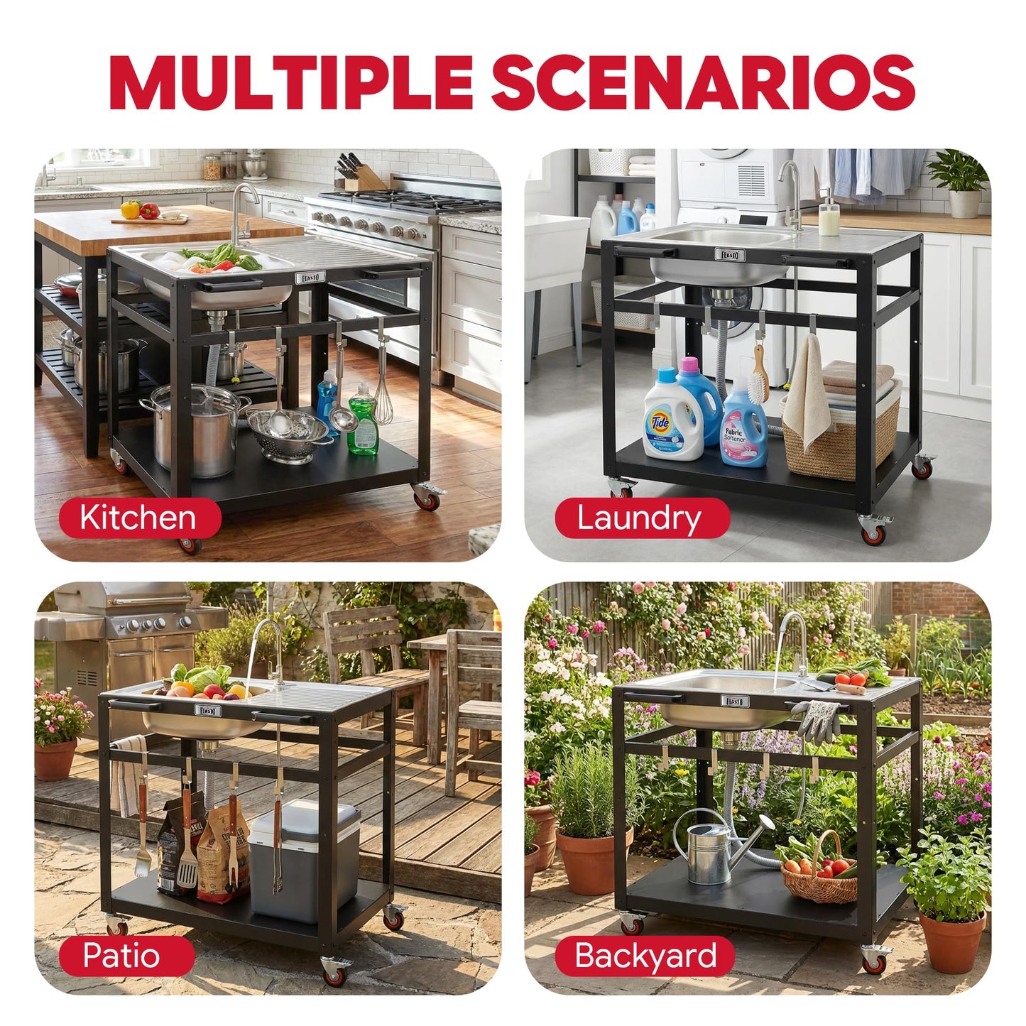 FEASTO 35-Inch Outdoor Grill Cart with Stainless Steel Sink, Rolling BBQ Prep Table with Faucet, Storage Shelves and Lockable Wheels for Patio, Backyard and Outdoor Cooking, Silver & Black