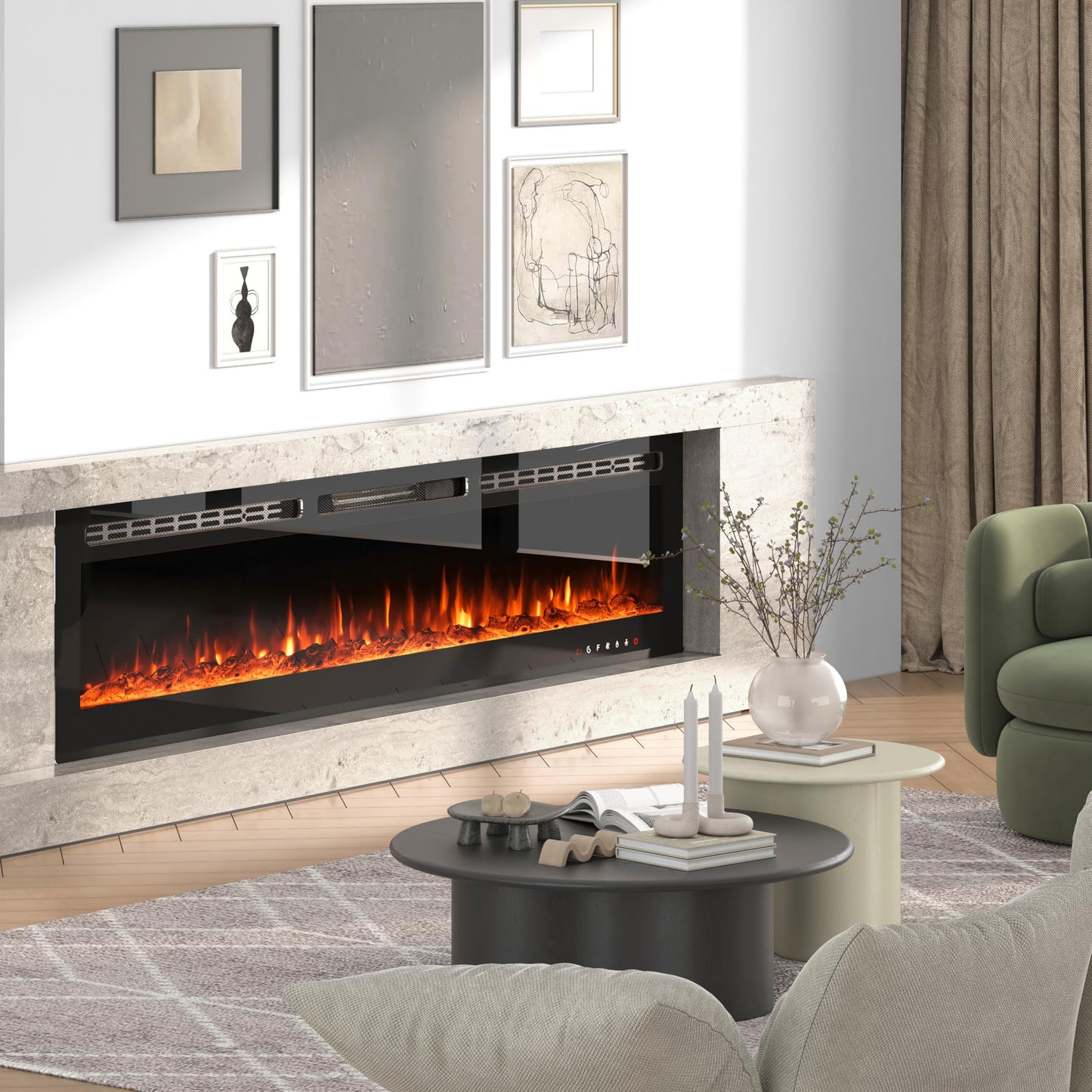 CharaVector 70 inch 750W/1500W Electric Fireplace Inserts with Remote Control in Wall Mounted, Energy Saving LED Insert Fireplace Heater Indoor Glass View with Remote Control & Touch Screen, Black