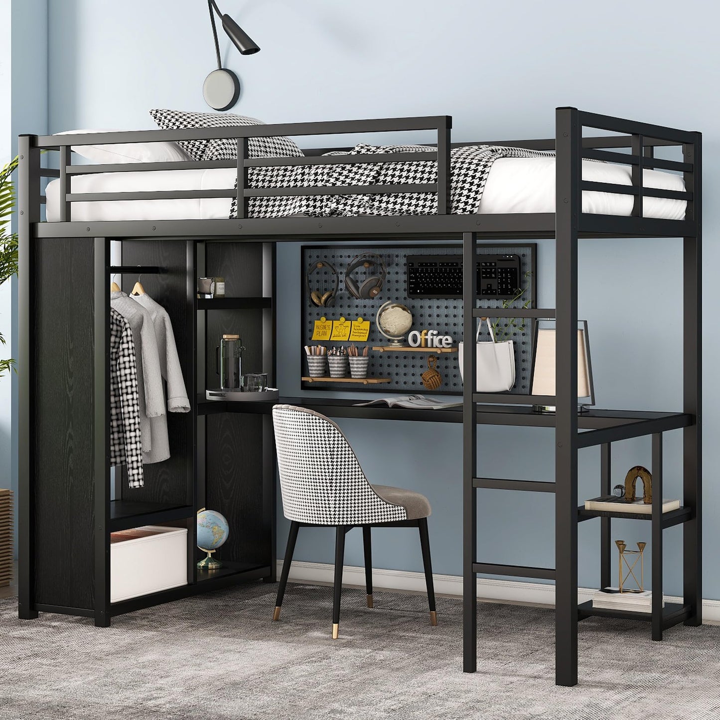 Twin XL Loft Bed with Desk and Storage Shelves, Twin XL Loft Bed with Wardrobe and Hanging Rod, Game Loft Bed with Guardrail and Ladder(Twin XL Balck)