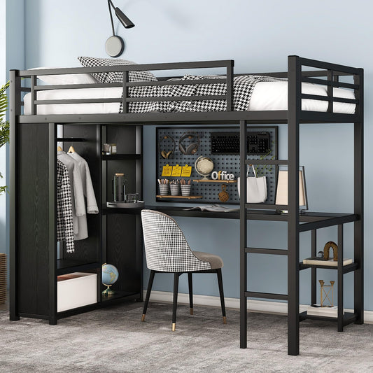 Twin XL Loft Bed with Desk and Storage Shelves, Twin XL Loft Bed with Wardrobe and Hanging Rod, Game Loft Bed with Guardrail and Ladder(Twin XL Balck)
