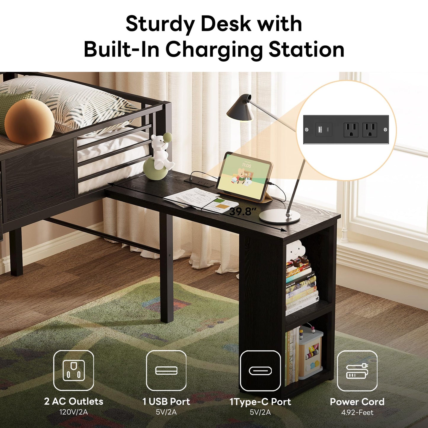 LIKIMIO Low Loft Bed Twin Size, 25 Heavy Duty Steels Support Slats with Desk & Charging Station, Twin Loft Bed with Safety Guardrails and Ladder, Black