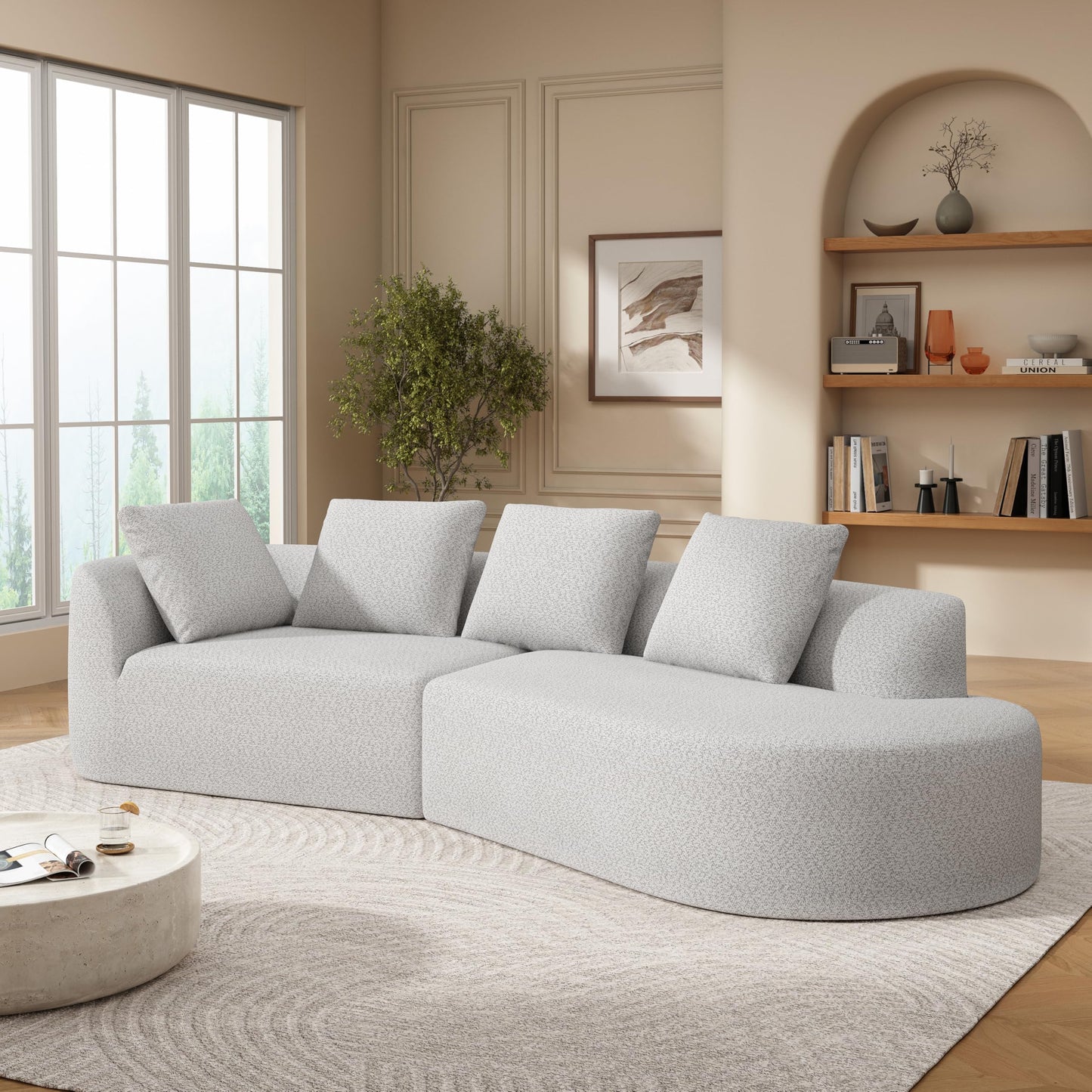 Merax 116" Curved Polyester Sectional Sofa, Modern Pearl Upholstery 3 Seat Cloud Couch with Chaise Lounge & 4 Pillows for Living Room, White+Gray