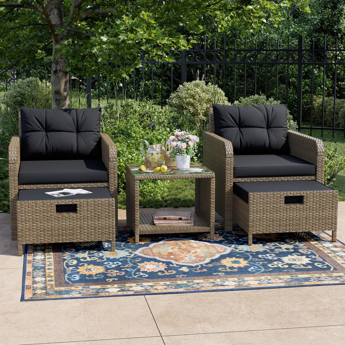 LHBcraft 5 Piece Outdoor Furniture Set, PE Rattan Balcony Furniture with Soft Cushions, Patio Set 2 Ottoman & Table for Porch, Lawn, Garden, Black