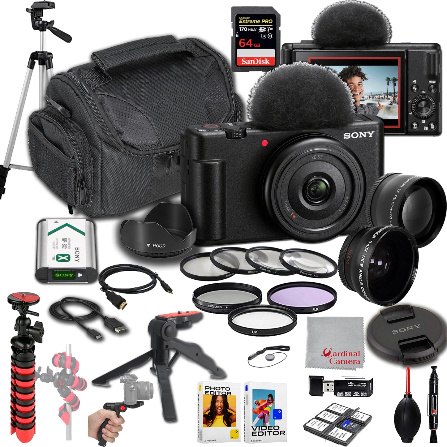 Sony ZV-1F Vlogging Camera |20.1MP | 64GB Extreem Speed Memory,.43 Wide Angle & 2X Lenses, Case. Tripod, Filters, Hood, Grip,Editing Software Kit -Deluxe Bundle, Compact, Black