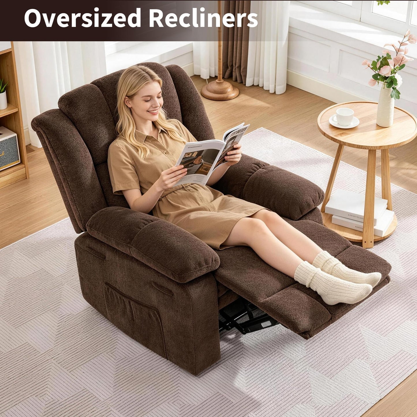 Oversized Recliner Chair for Adult,150°Recliner Chairs Ergonomic Nursery Chairs, Extra Wide Manual Recliners,Fabric Upholstery Soft Sofa Chair for Livingroom,Bedroom,Brown
