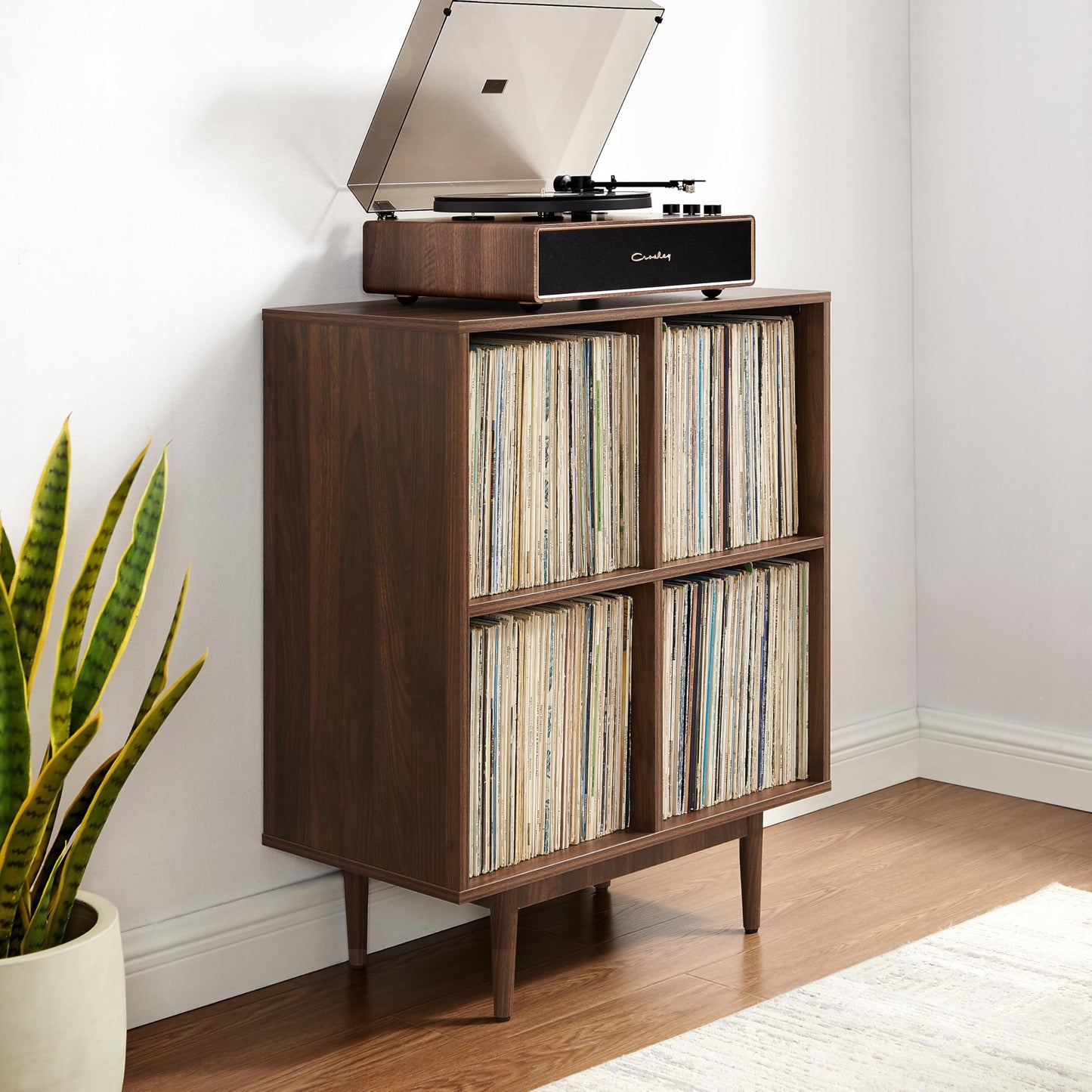 Crosley Furniture Liam Vinyl Record Storage 4 Cube Media Stand for Turntables, Mid-Century Modern Bookshelf, Walnut