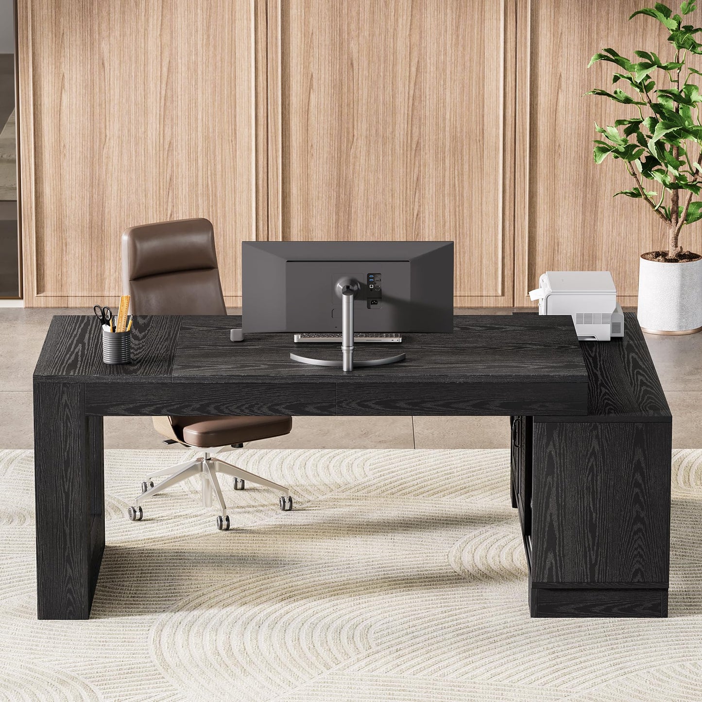 LITTLE TREE L Shaped Executive Desk, Large 63" Executive Desk with File Cabinet, Modern L Shaped Desk, Corner Computer Desk for Home Office & Business Furniture Workstation, Black
