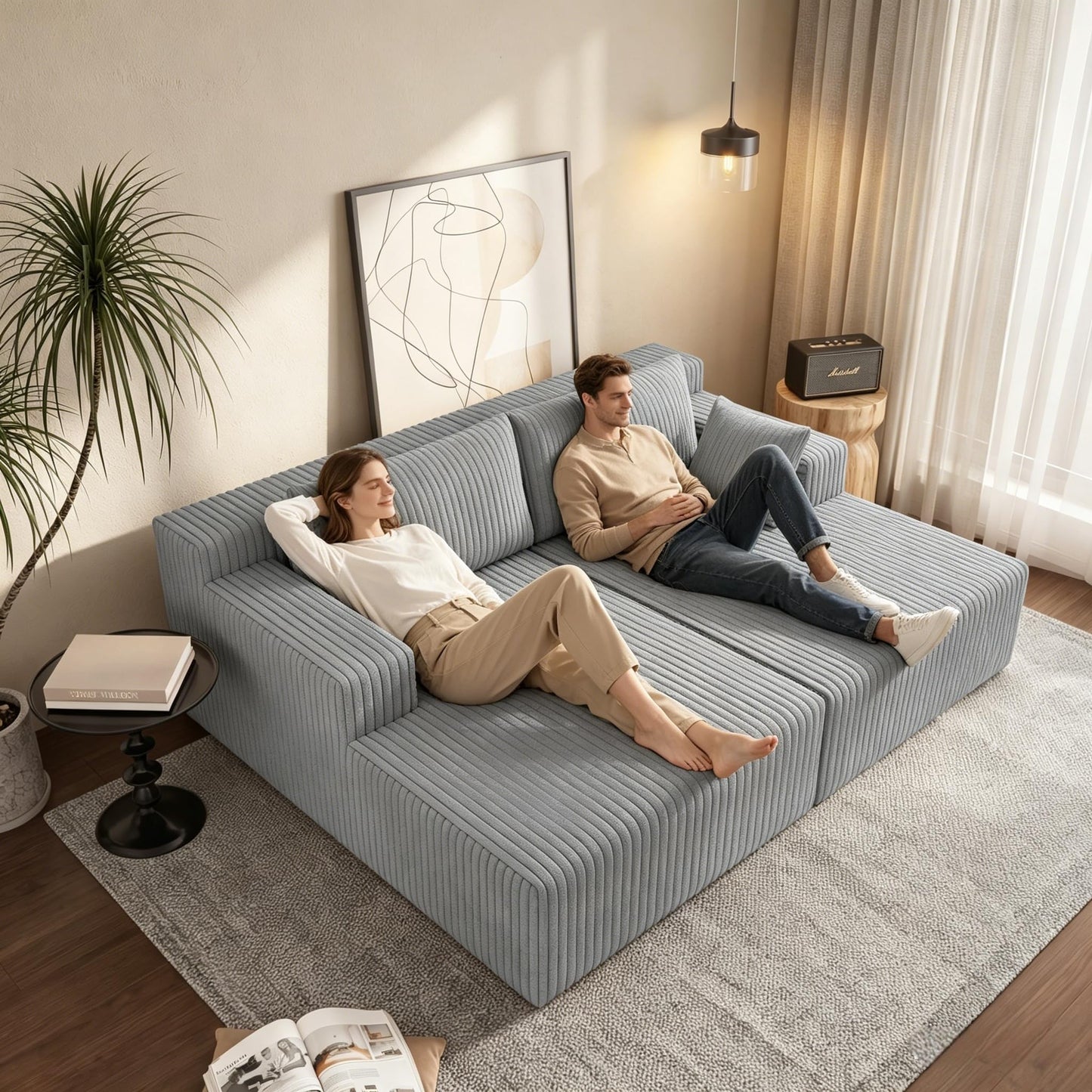 KEIKI 71" L Oversized Double Lounge Chaise Indoor, Corduroy Deep Seat Sectional Modular Couch Sleeper Loveseat Chair, Boneless Upholstered Reading Lazy Cloud Plush Sofa Bed for Living Room, Bedroom