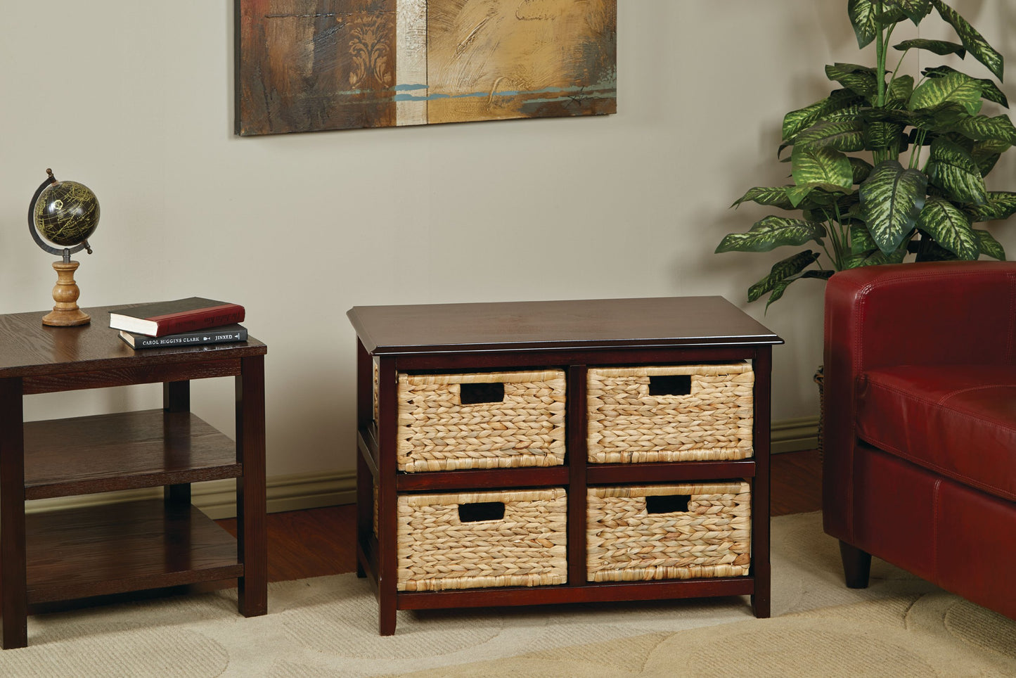 OSP Home Furnishings Seabrook Storage Tower with Solid Wood Frame and Natural Baskets, 2-Tier, 4-Drawer, Espresso Finish